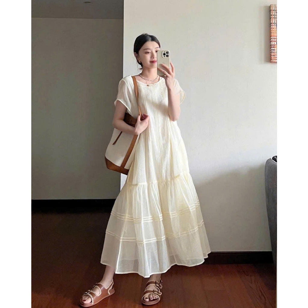 Đầm Trắng Dài Tay Dáng Cánh Tiên Nhẹ Nhàng,Đầm Suông Nữ Dáng Dài Kiểu Dáng Nhẹ Nhàng Đi Du Lịch Loga_L202