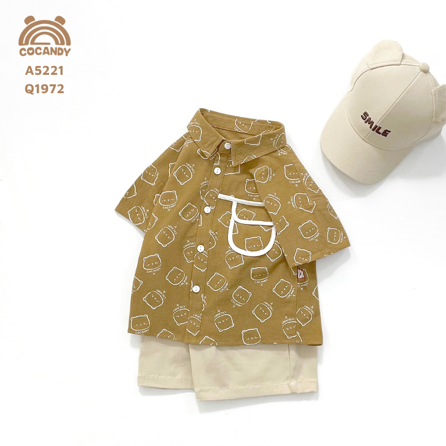 Áo cộc NÂU gấu túi ngực viền TRẮNG_thumbnail_0