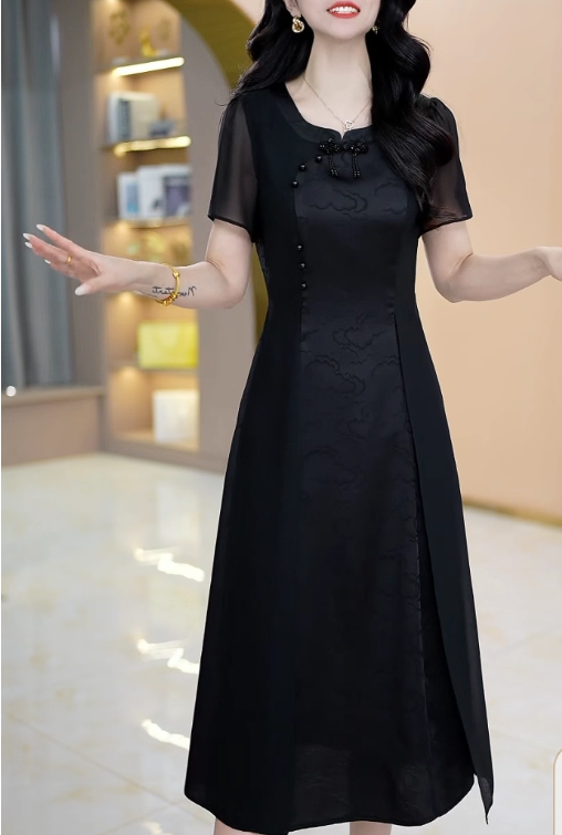 17778-Đầm  lụa đen vân gấm 3D phối voan  cổ tàu kết nút ( lụa, voan)_thumbnail_0