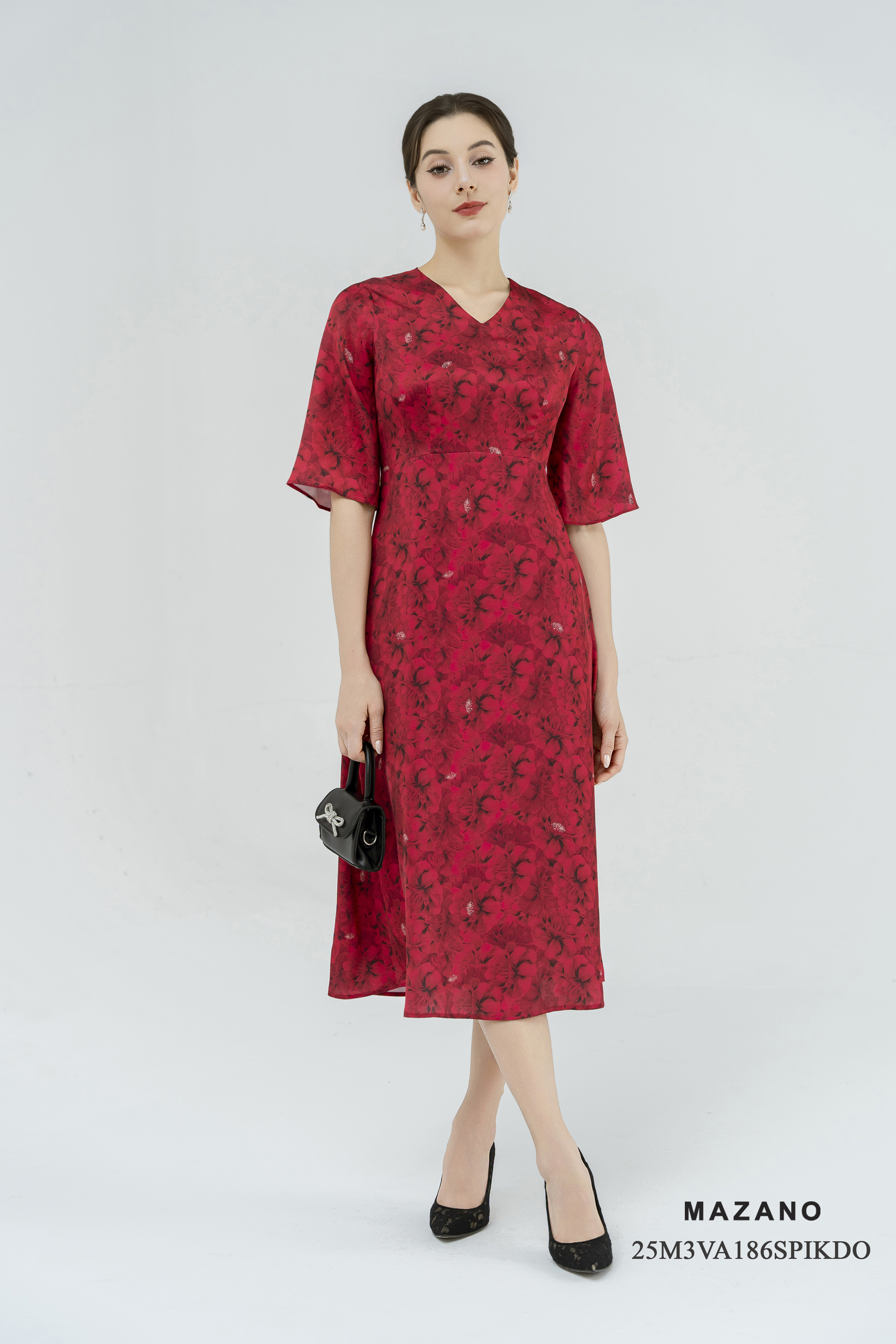 Váy đầm ôm Vải lụa ngọc trai Họa tiết hoa cách điệu Cổ V tay lỡ Dài đến mắt cá chân