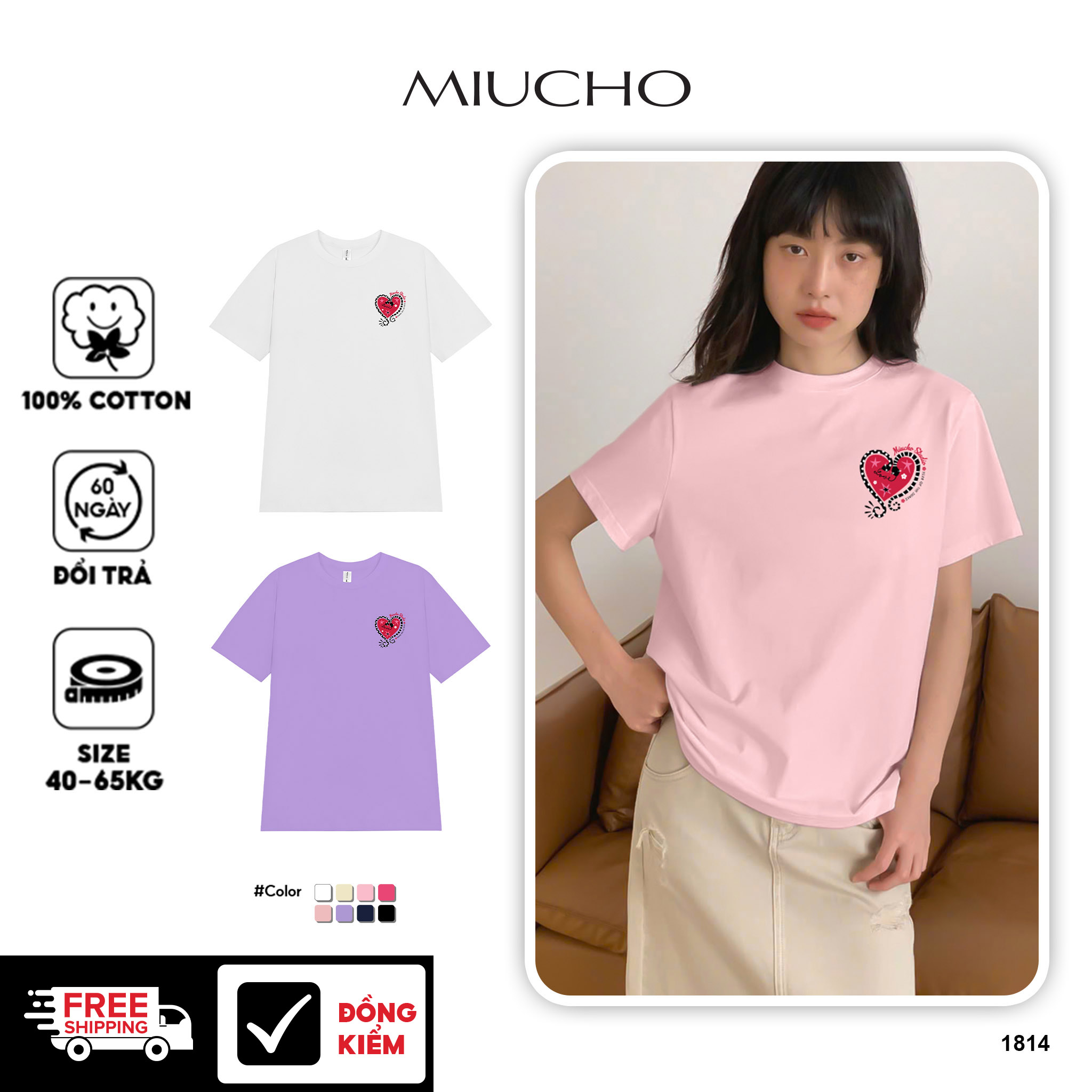 Áo thun nữ tết form vừa regular vải cotton 4c thoáng mát 1814 Miucho in basic