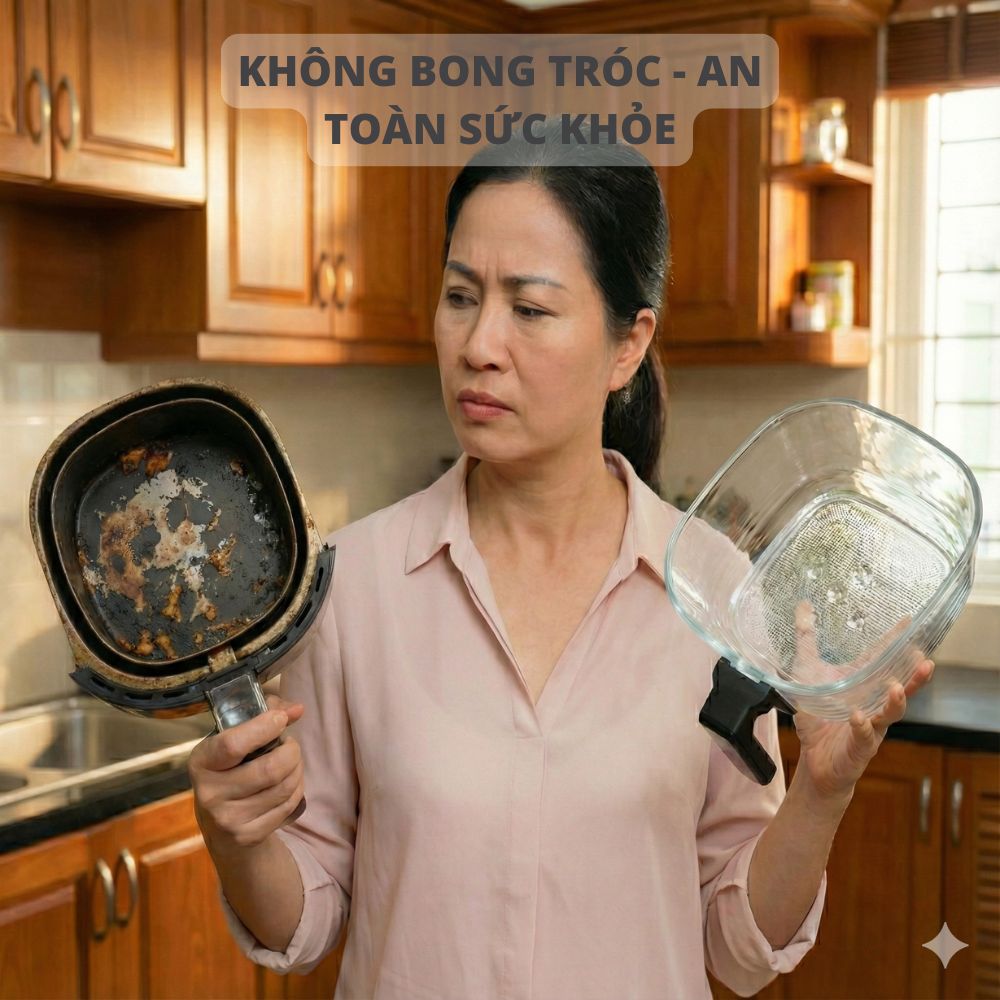 Nồi chiên không dầu lòng thuỷ tinh Mishio MK373 không lo bong tróc chống dính