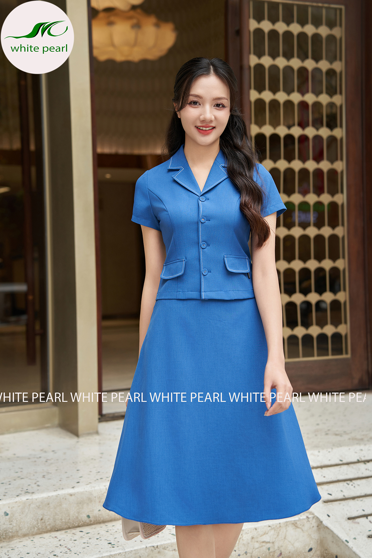 Áo ký giả cổ K đột chỉ kèm chân váy xòe thời trang công sở cao cấp White Pearl AK2401_thumbnail_8