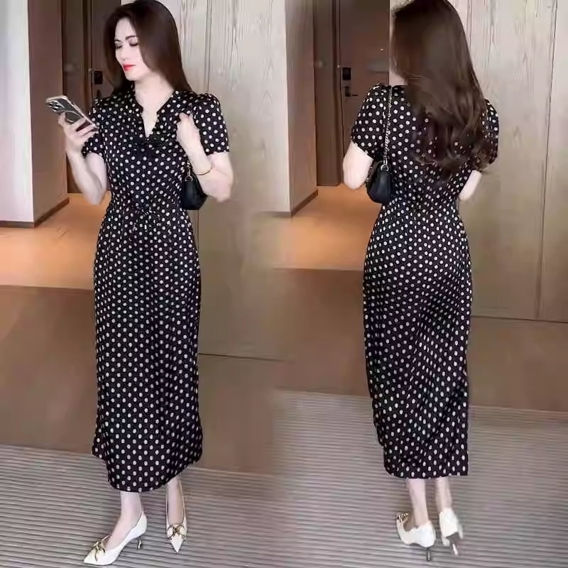 16399-Đầm suông chấm bi cổ tàu eo thắt dây rút (lụa)_thumbnail_1