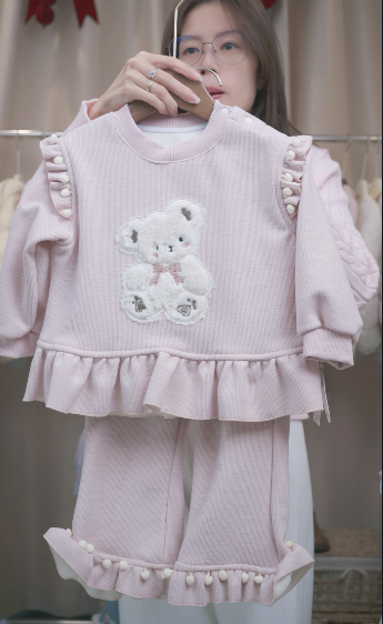 (C17) Set nỉ màu hồng lót bông họa tiết gấu