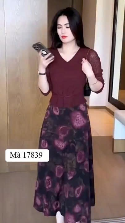 17839-Đầm liền voan ren phối thân váy lụa in hoa có lót ( voan ren, lụa)