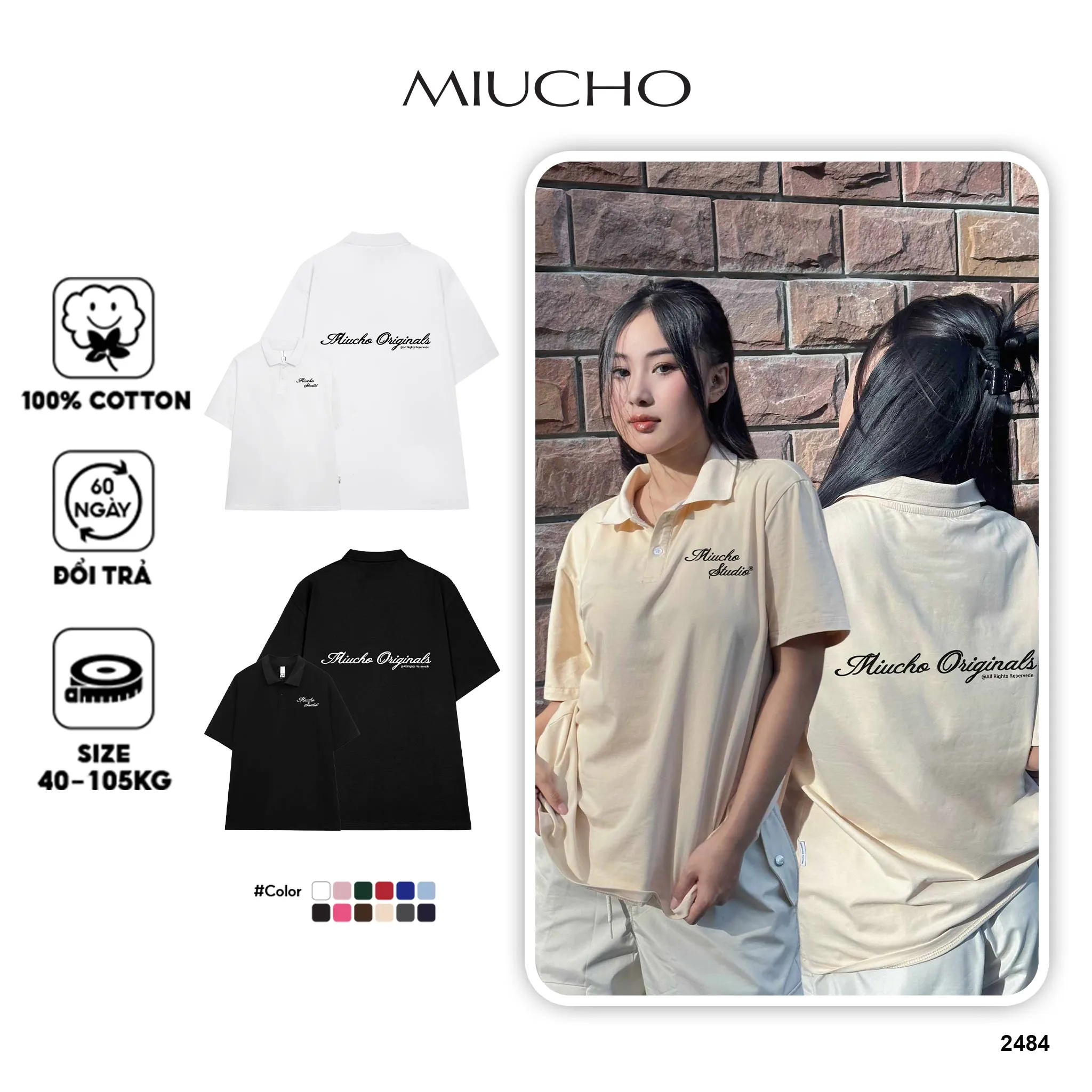 Áo polo unisex form oversize 2484 Miucho tay ngắn cổ trụ vải cotton thoáng mát cao cấp in typography