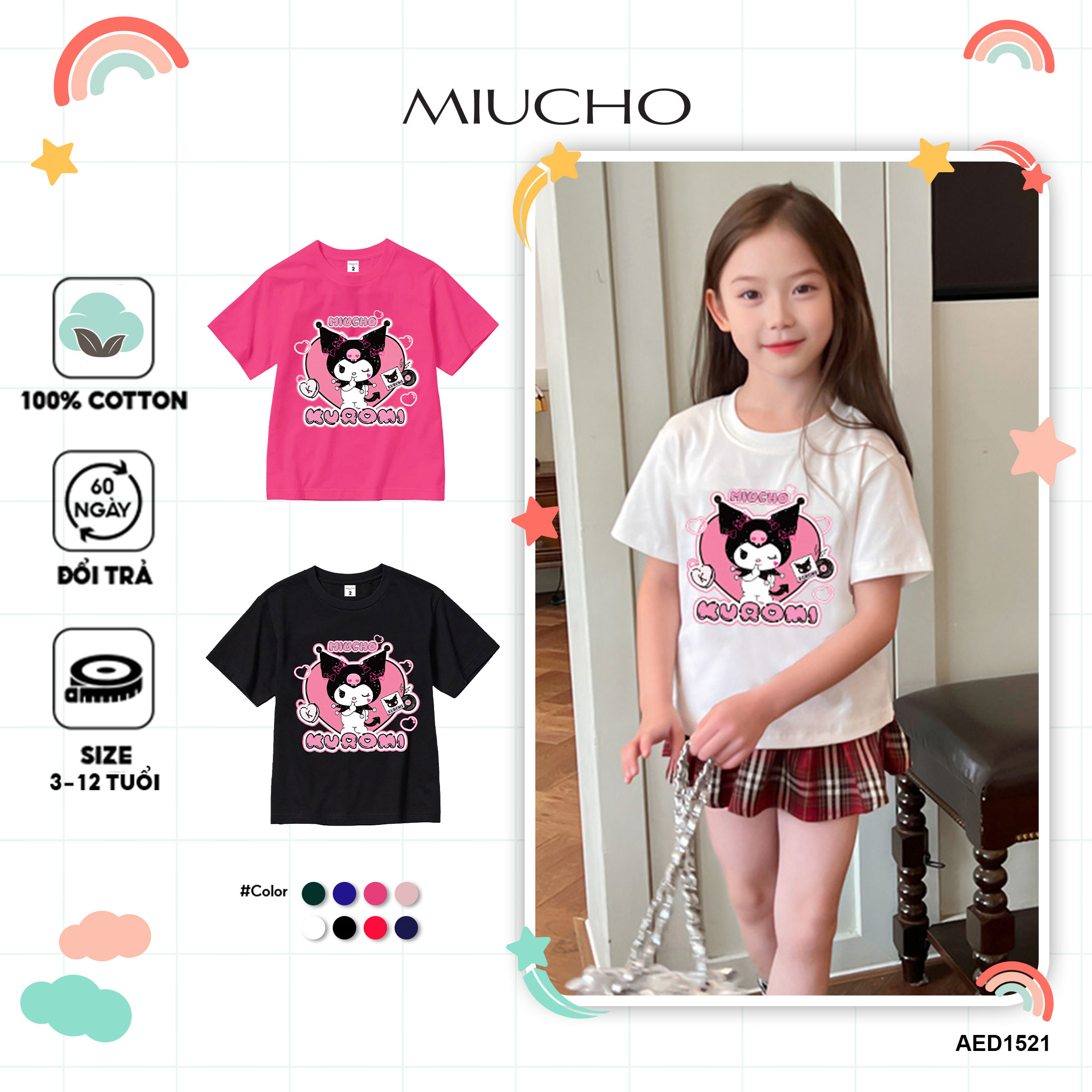 Áo thun bé gái KUROMI form rộng chất vải cotton thoáng mát AED1521 Miucho Kid in graphic