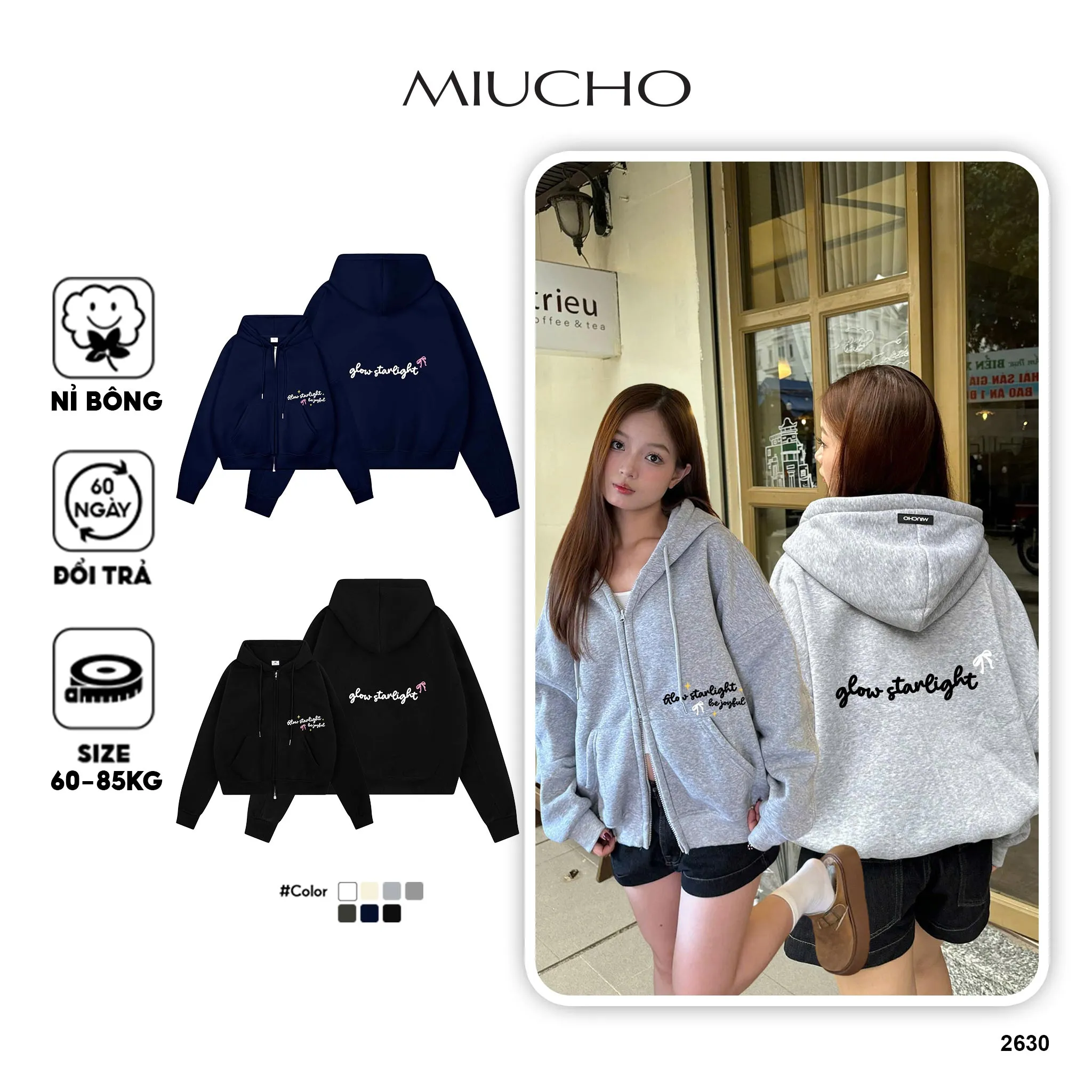 Áo hoodie zip form boxy in chữ 2630 Miucho chất vải nỉ bông cao cấp thoáng mát có nón in mix