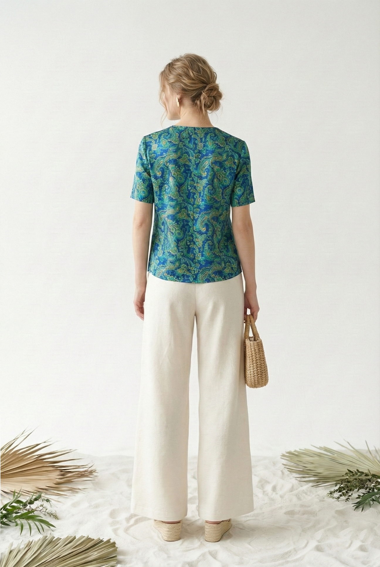 Áo sơ mi vải lụa gấm xanh in họa tiết cách điệu cổ tàu tay ngắn thiết kế MAZANO_thumbnail_4