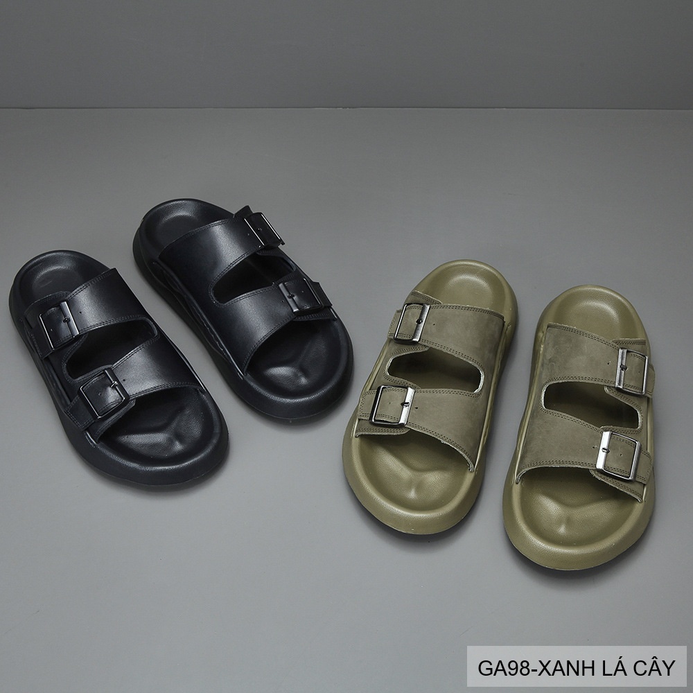 GA98 - Dép xỏ ngón nam đế dày thời trang, da bò mềm, hai quai khóa kim loại, màu Xanh Lá Cây và Đen