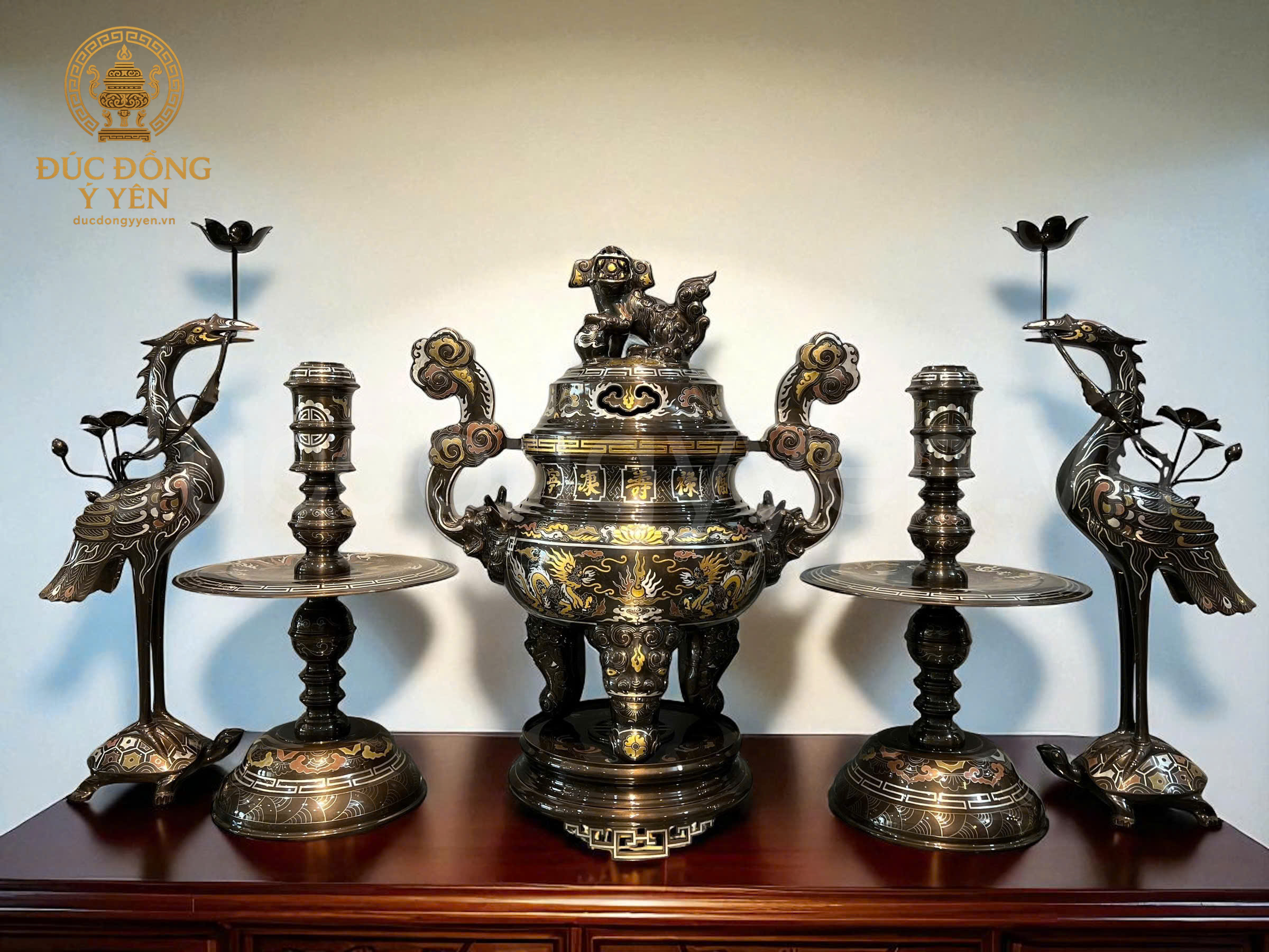 Bộ đỉnh thờ ngũ sự khảm ngũ sắc kỹ sắc nét