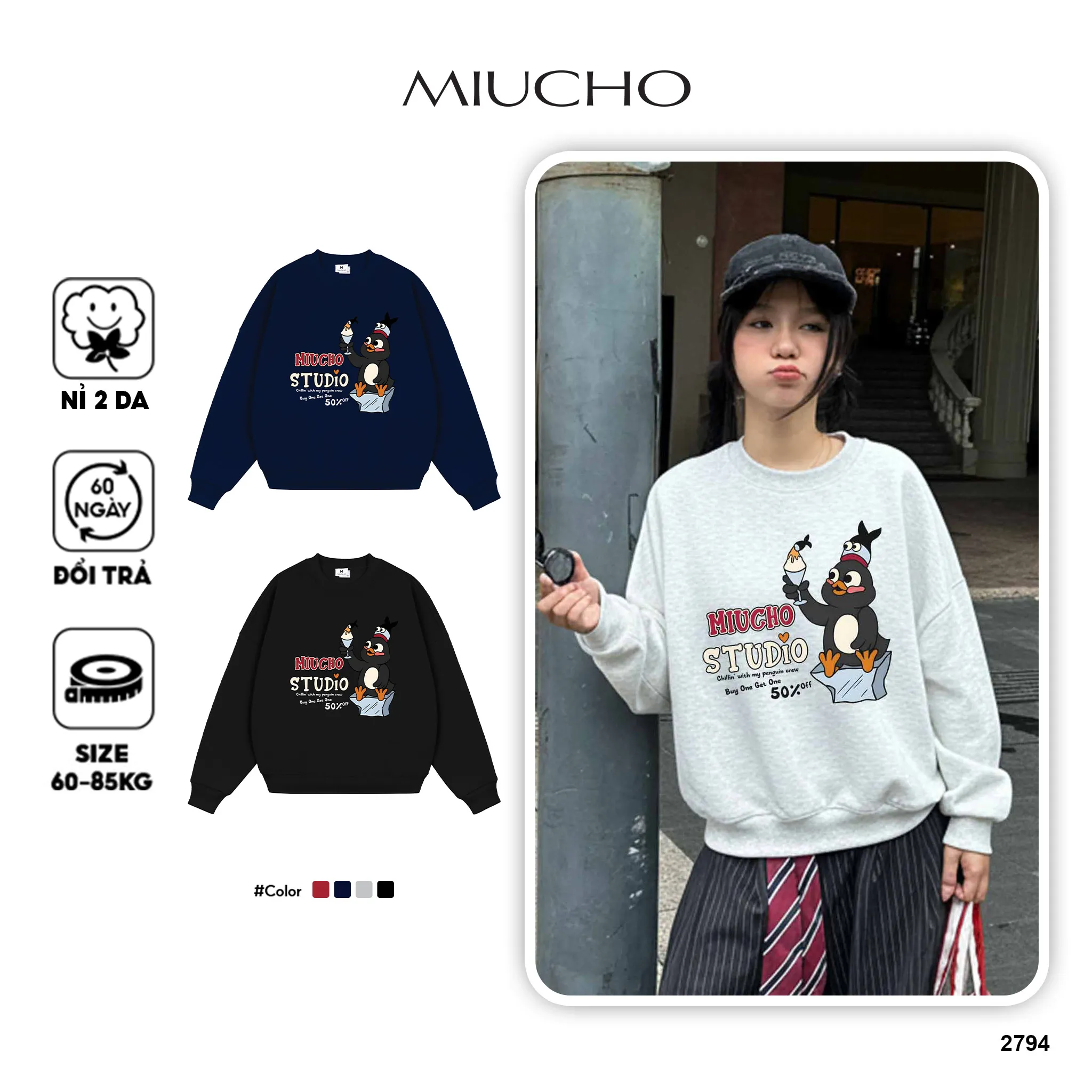 Áo Sweater unisex form boxy Miucho nỉ 2 da cao cấp thoáng mát hình dễ thương in mix 2794