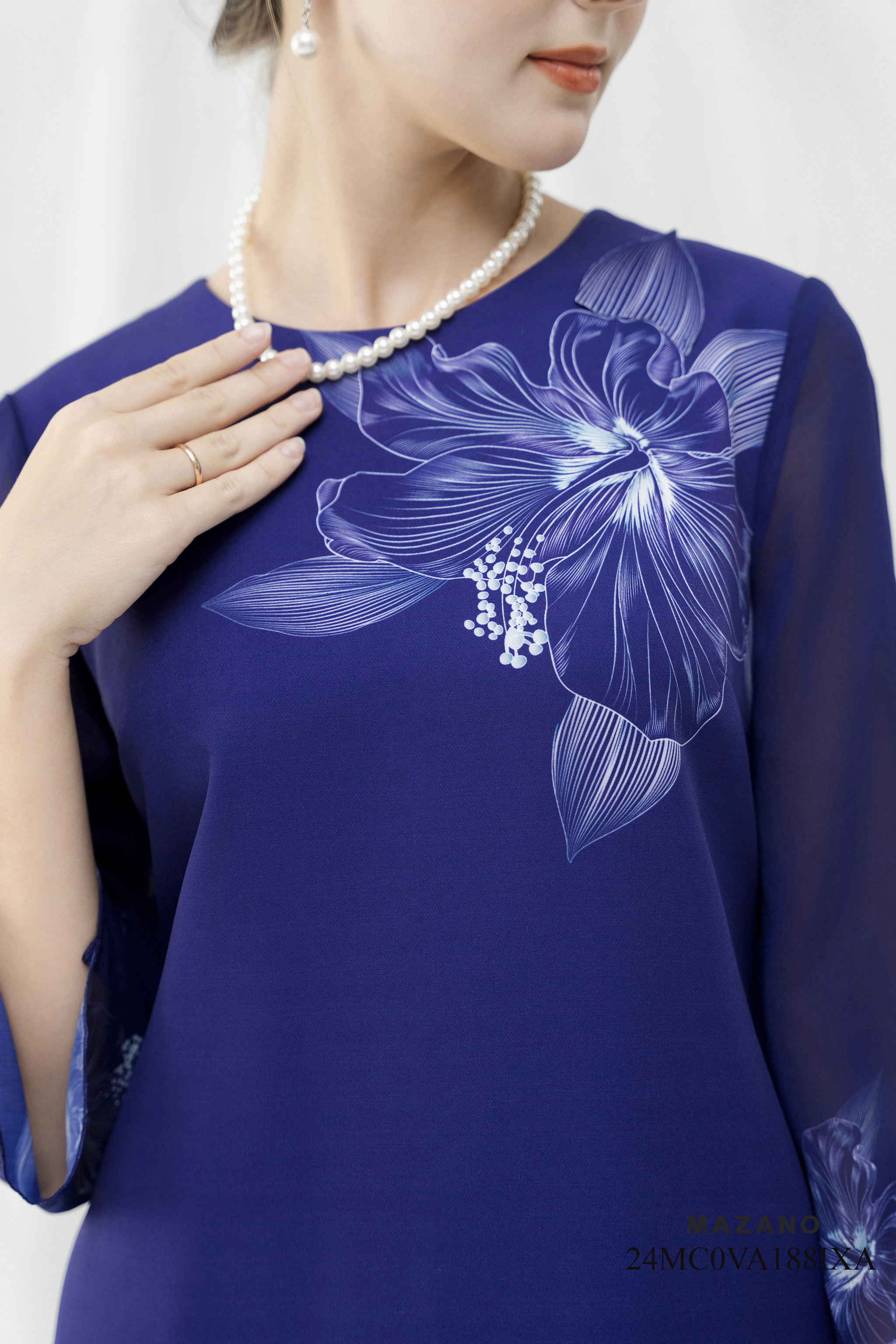 Váy Đầm Suông Vải thô phối Voan Hoạ tiết hoa bố cục  Cổ tròn Tay lỡ Dài đến bắp chân_thumbnail_4