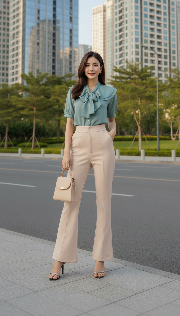 Set bộ áo kiểu cột nơ quần dài