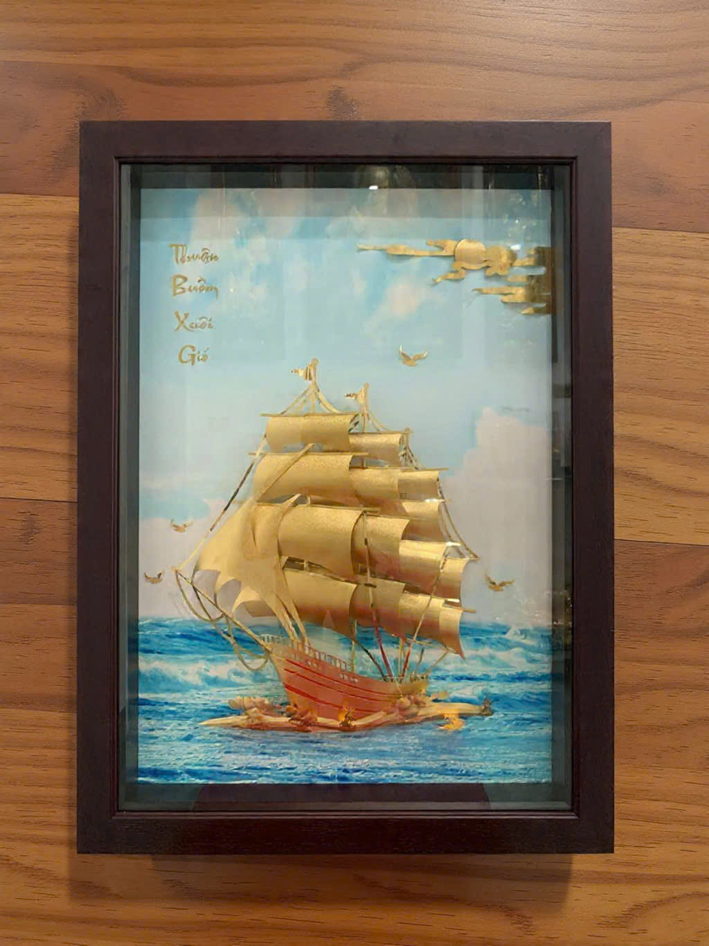 Tranh quà tặng thuyền thuận buồm xuôi gió nền xanh mạ vàng 24k KT 80CM X 60CM _thumbnail_0