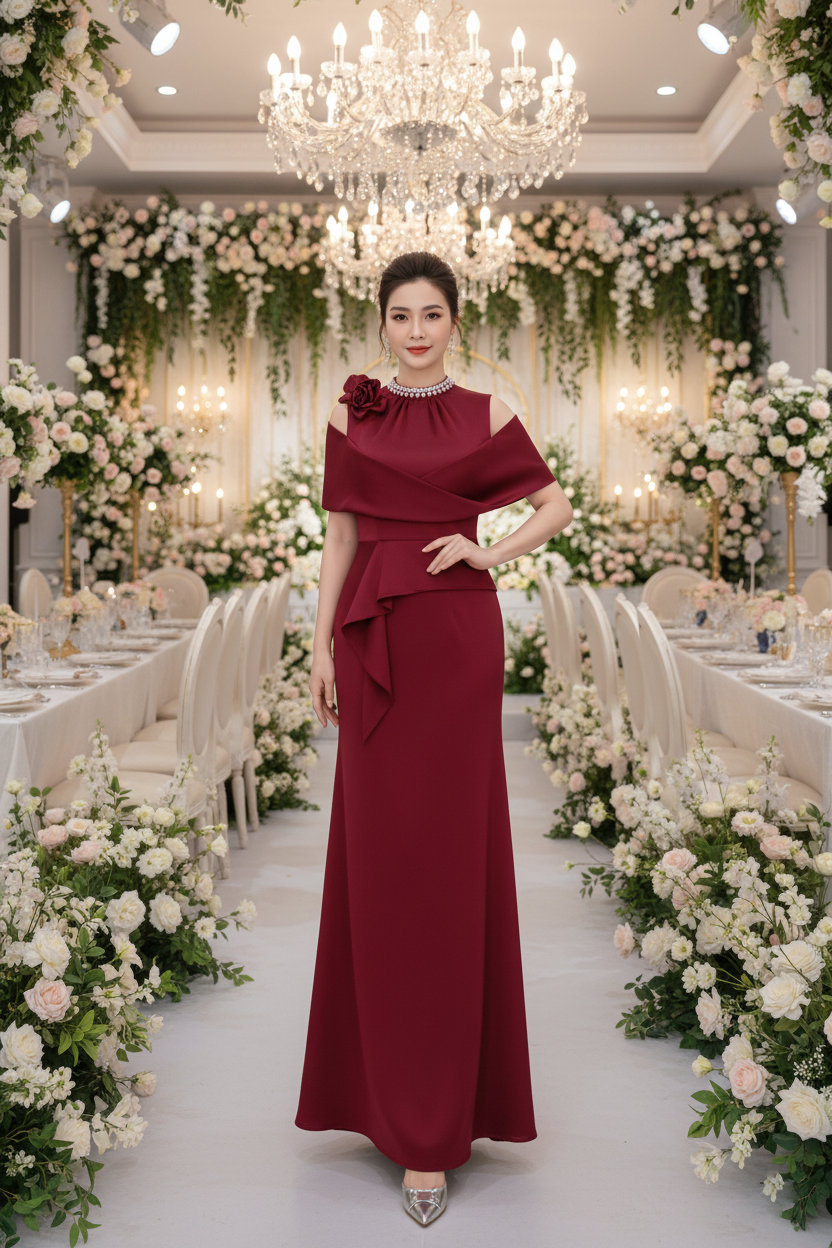 Đầm dự tiệc dạ hội xếp bèo cổ lọ phối tay cao cấp_thumbnail_3