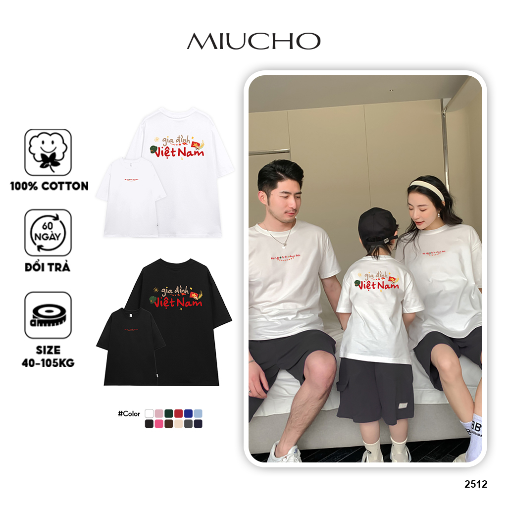 Áo thun form rộng gia đình Việt Nam 2512 Miucho Chic vải cotton co giãn thoáng mát cổ tròn in mix