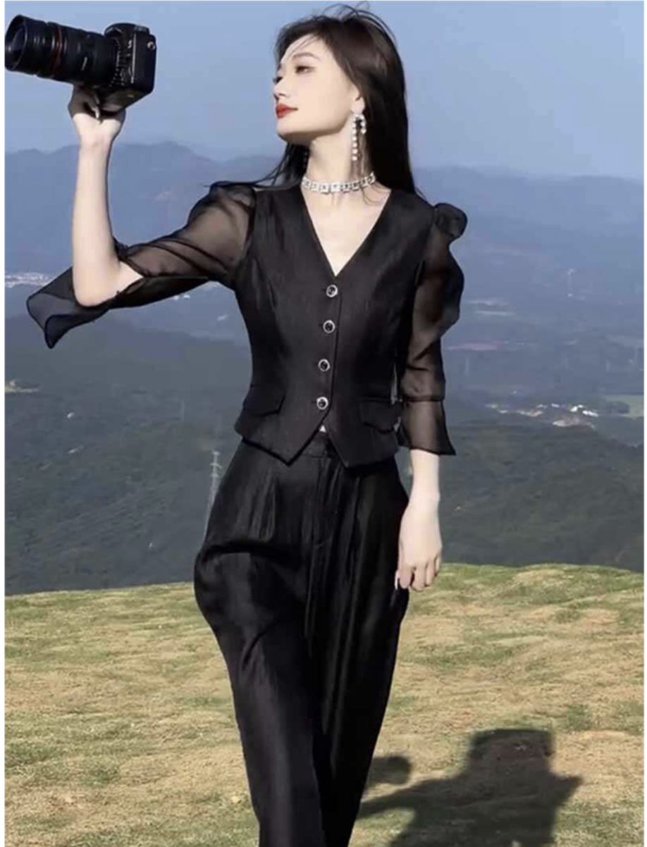 Set bộ áo kiểu cổ V cổ điển phối tay lỡ quần ống rộng_thumbnail_1