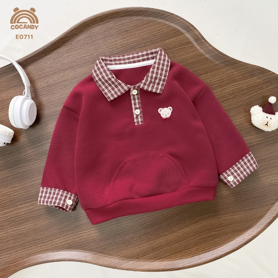 Áo dài nỉ ĐỎ phối cổ caro nâu_thumbnail_2