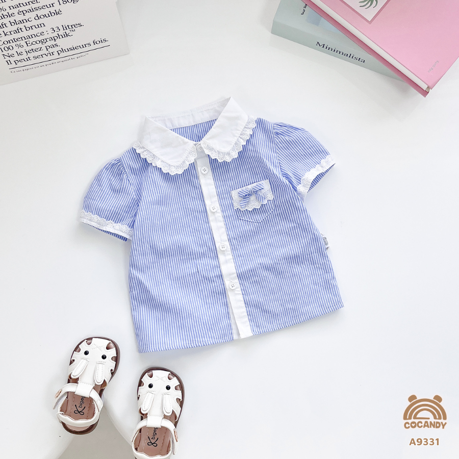 Áo cộc XANH DƯƠNG sơ mi phối ren trắng túi tam giác_thumbnail_1