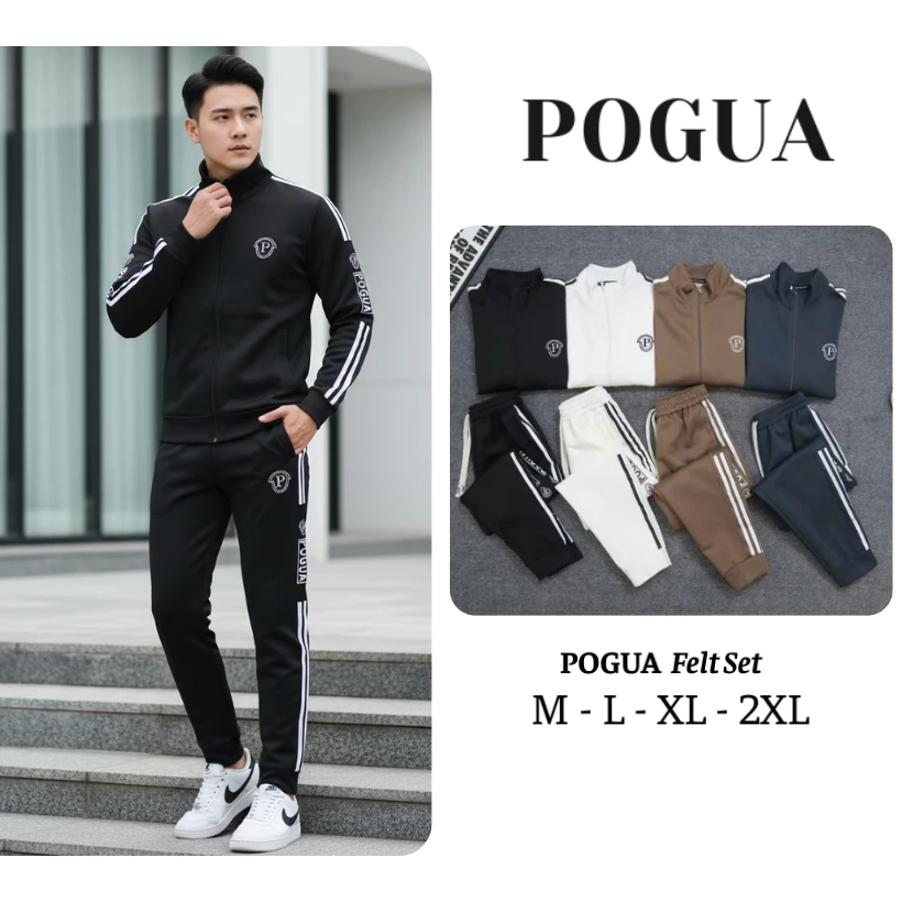 Bộ thể thao nỉ ép dày dặn POGUA nam nữ 2 phối viền dày dạn, ấm áp có khóa kéo chống nước