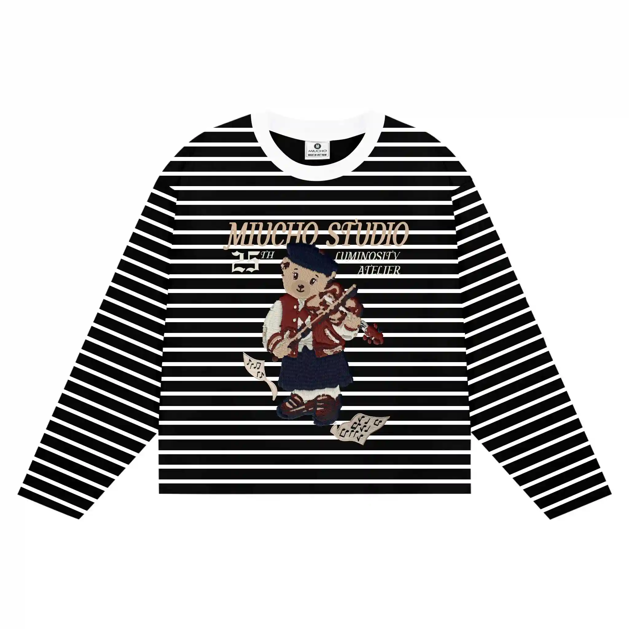 Áo thun boxy tay dài unisex Miucho Studio vải bo rip cao cấp thoáng mát gấu teddy kẻ sọc mix màu 2708_thumbnail_2