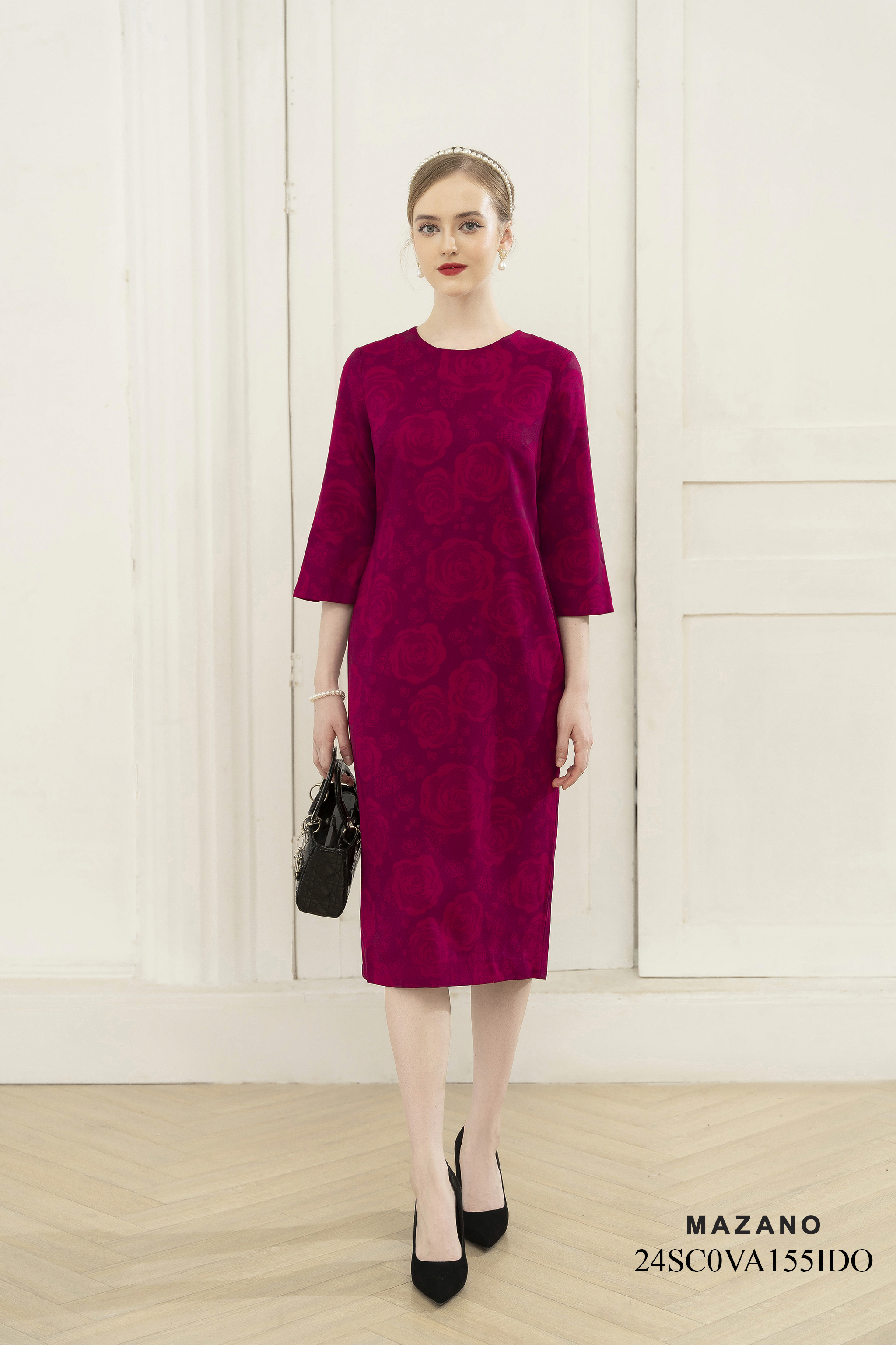 Váy Đầm Suông Vải thô dày Hoạ tiết hoa hồng in chìm Cổ tròn Tay lỡ Dài đến bắp chân_thumbnail_3