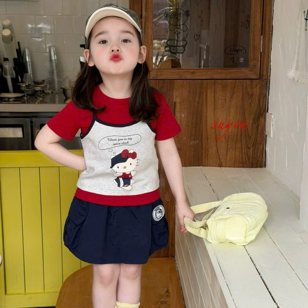 SU80 - Áo cotton in hình mèo Hello Kitty phối đỏ hãng Suyou