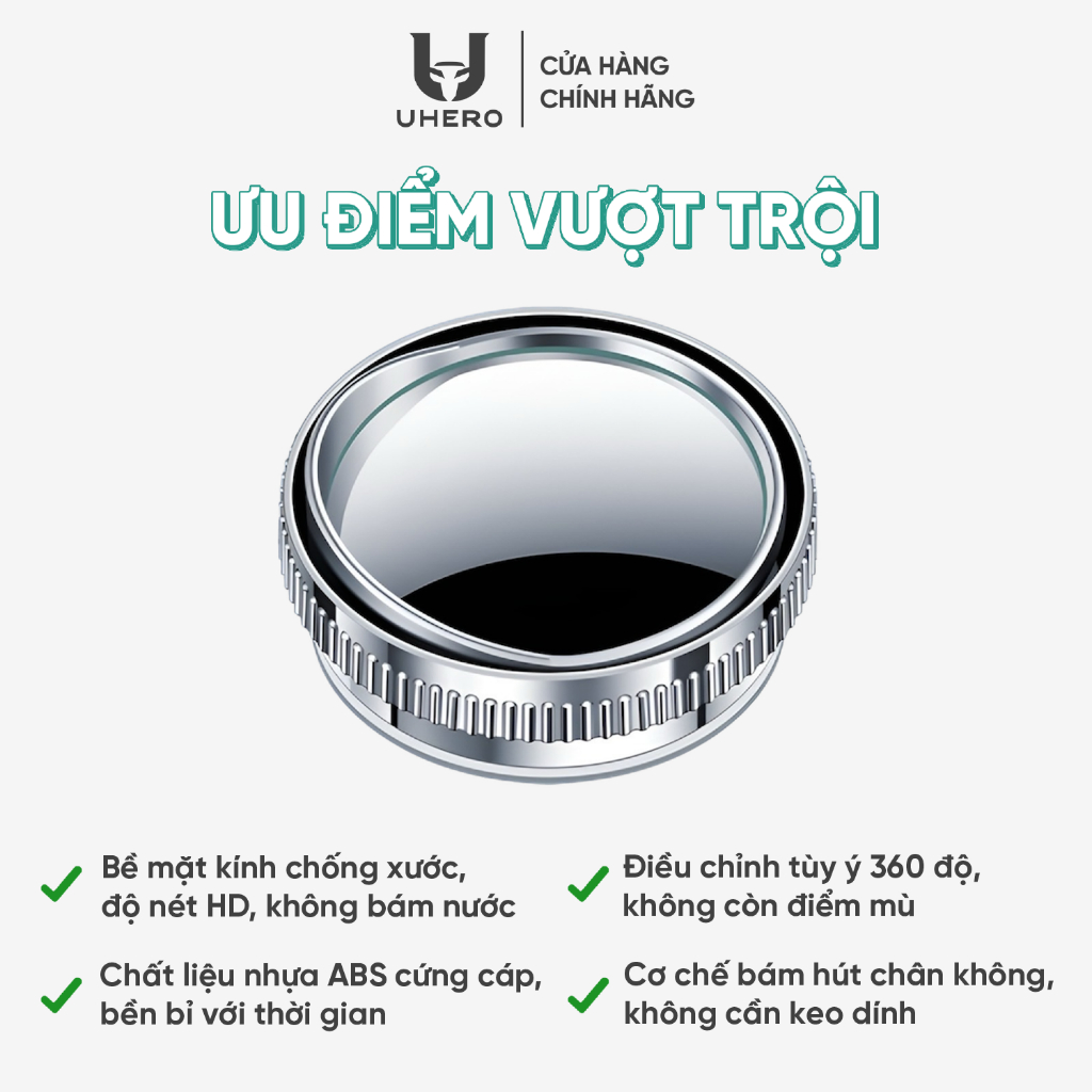 Gương cầu lồi, dạng tròn, chất liệu kính kết hợp khung nhựa, dùng để găn lên gương ô tô, model: GCL01, đường kính 6cm, dày 2cm. Hiệu UHERO, Mới 100%