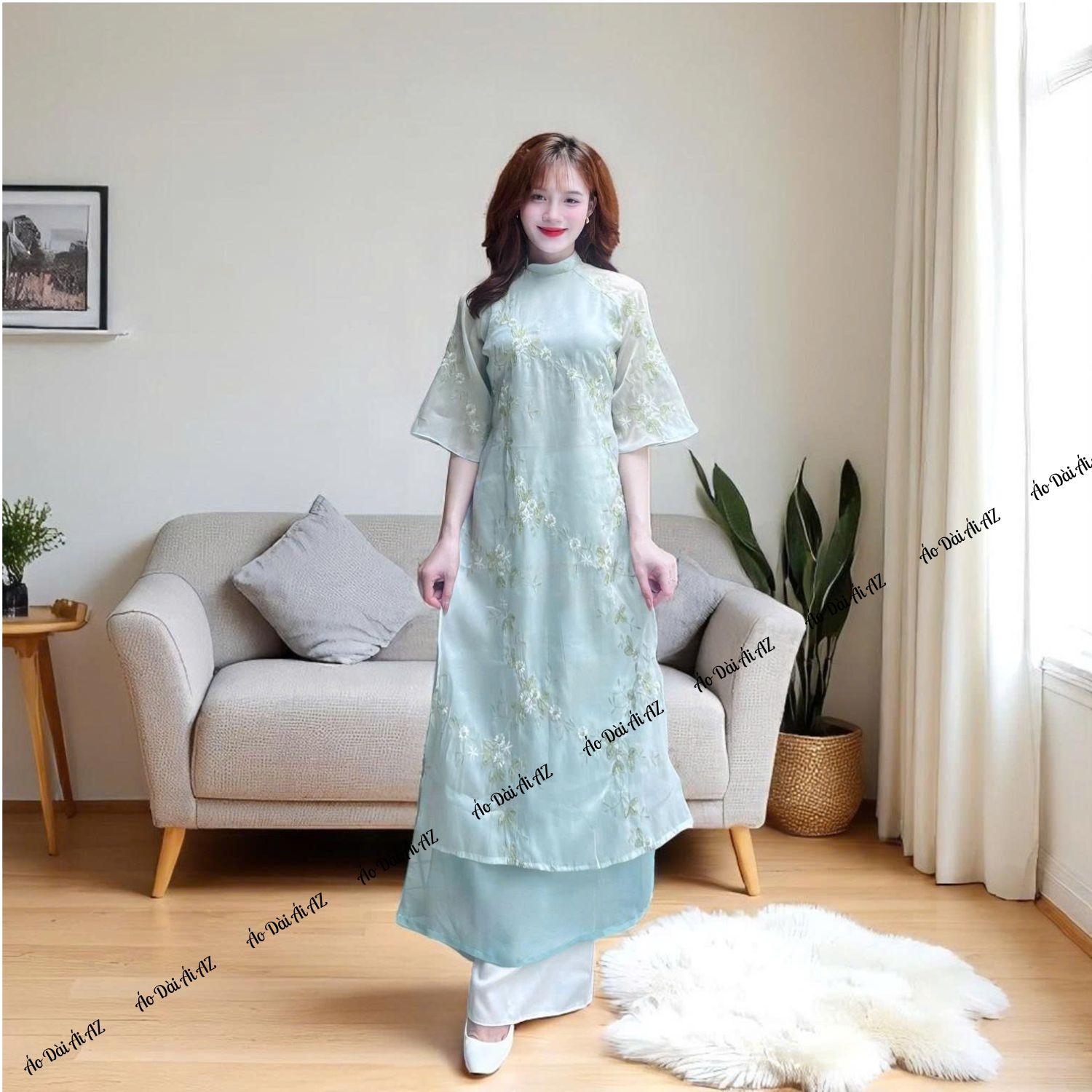 Áo Dài Cách Tân Nữ Dáng Suông 4 Tà Tay Ngắn Voan Thêu Mặc Tết Chụp Ảnh MM03_thumbnail_3