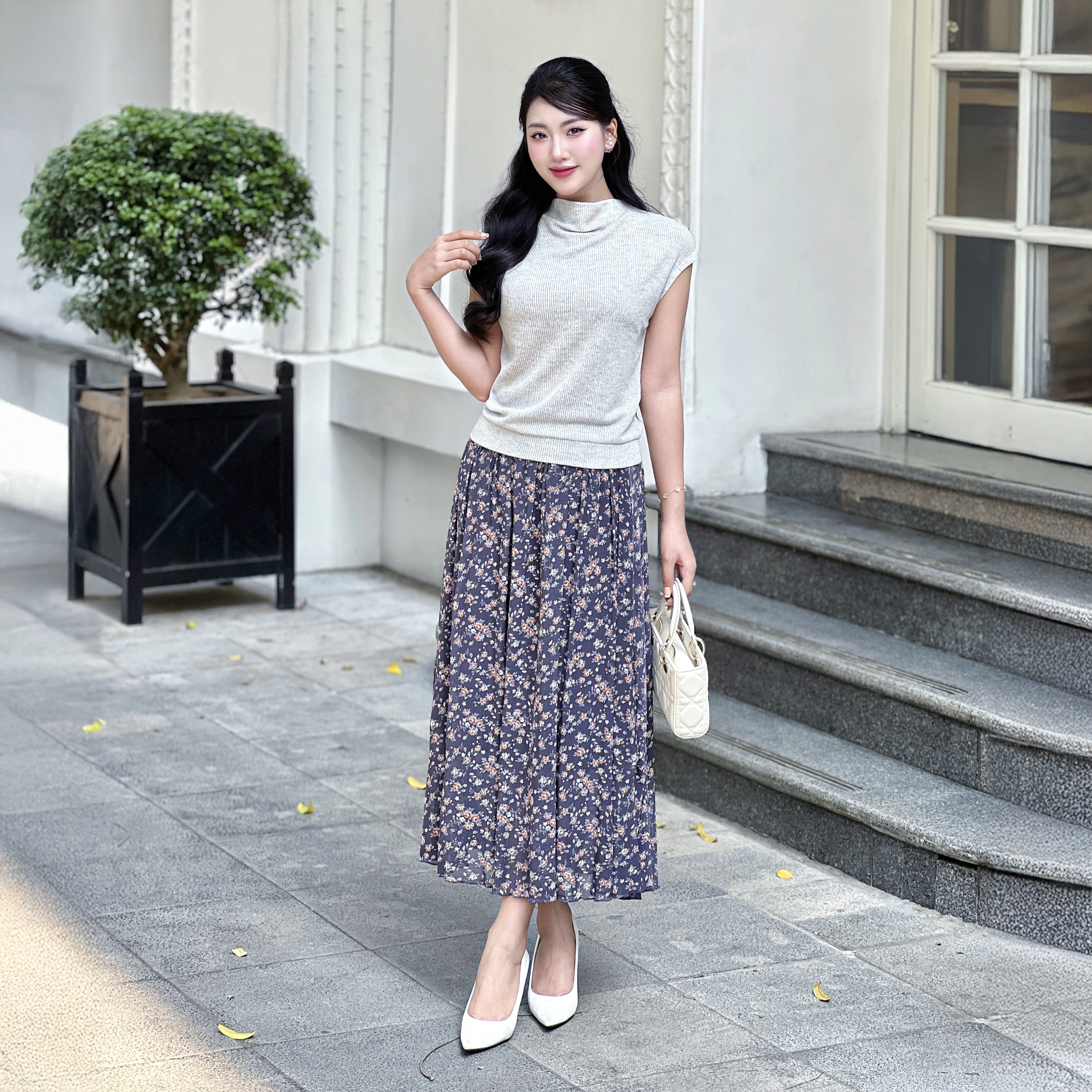 Chân váy dài hoa nhí Narsis B24006 dáng xòe 2 lớp, chất voan nhẹ, phong cách Hàn Quốc._thumbnail_0