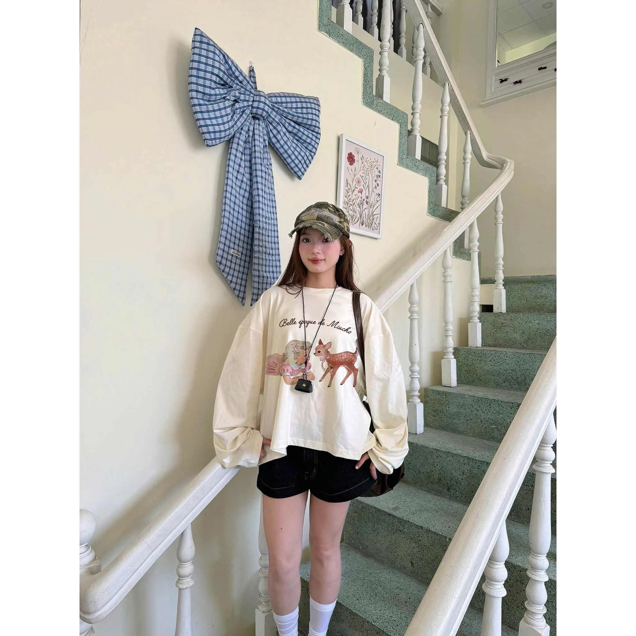 Áo tay dài boxy Miucho cotton co giãn 2C cổ tròn in hình dễ thương phong cách vintage 2649_thumbnail_2