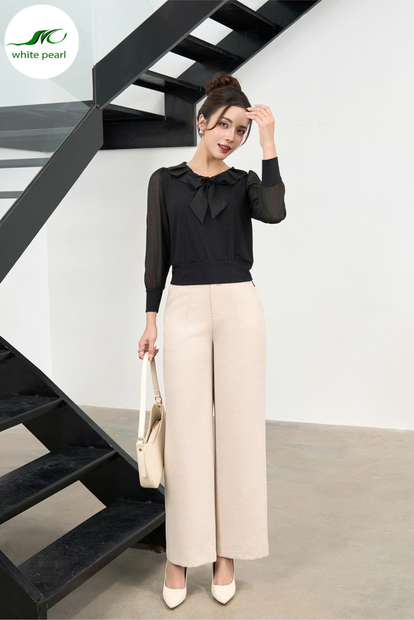Áo thun cổ buộc nơ Thời Trang Công Sở White Pearl