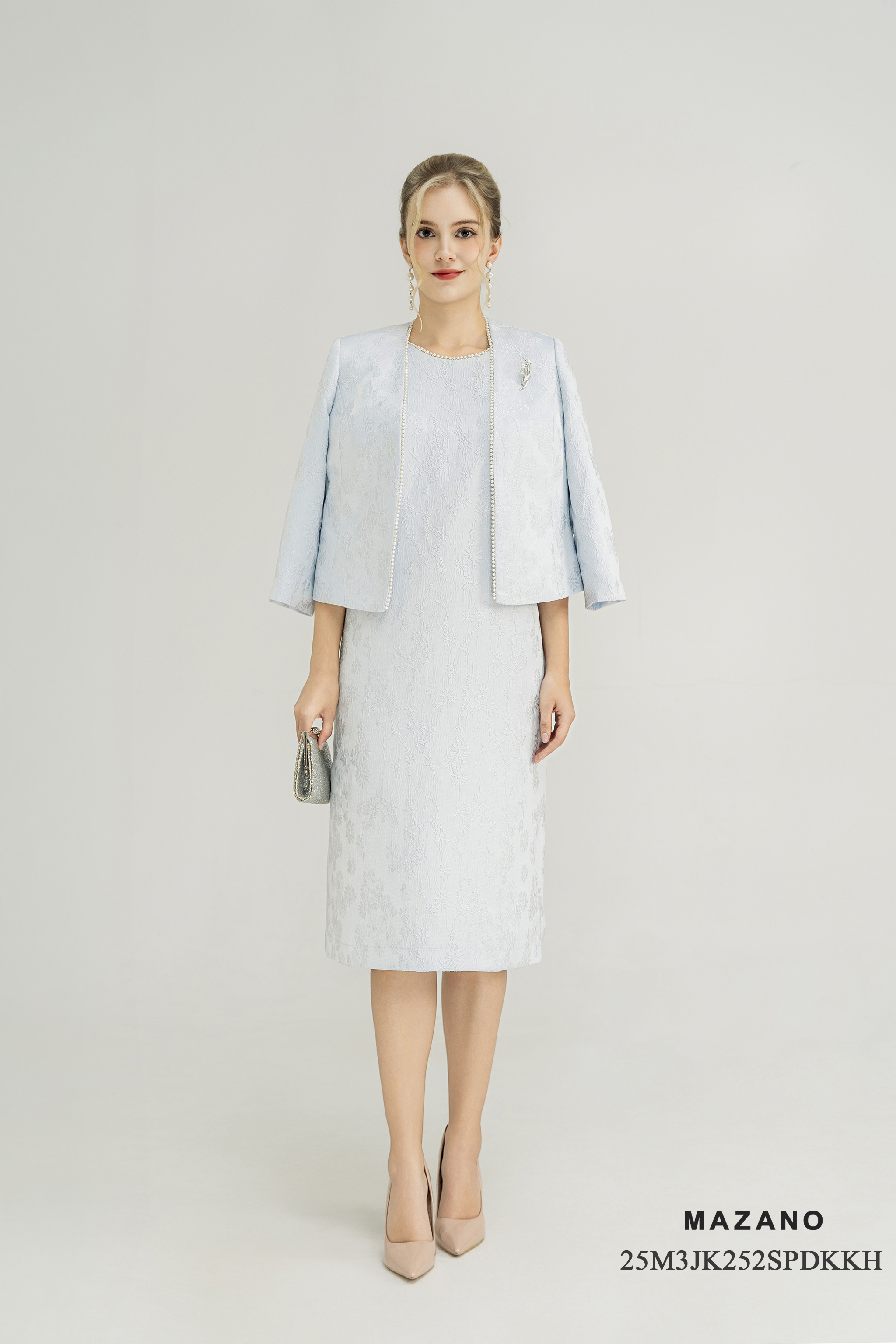 Áo khoác ngắn Suông Vải tafta gấm Họa tiết hoa chìm 3D Đính trang trí ngọc trai Dài dưới eo_thumbnail_2