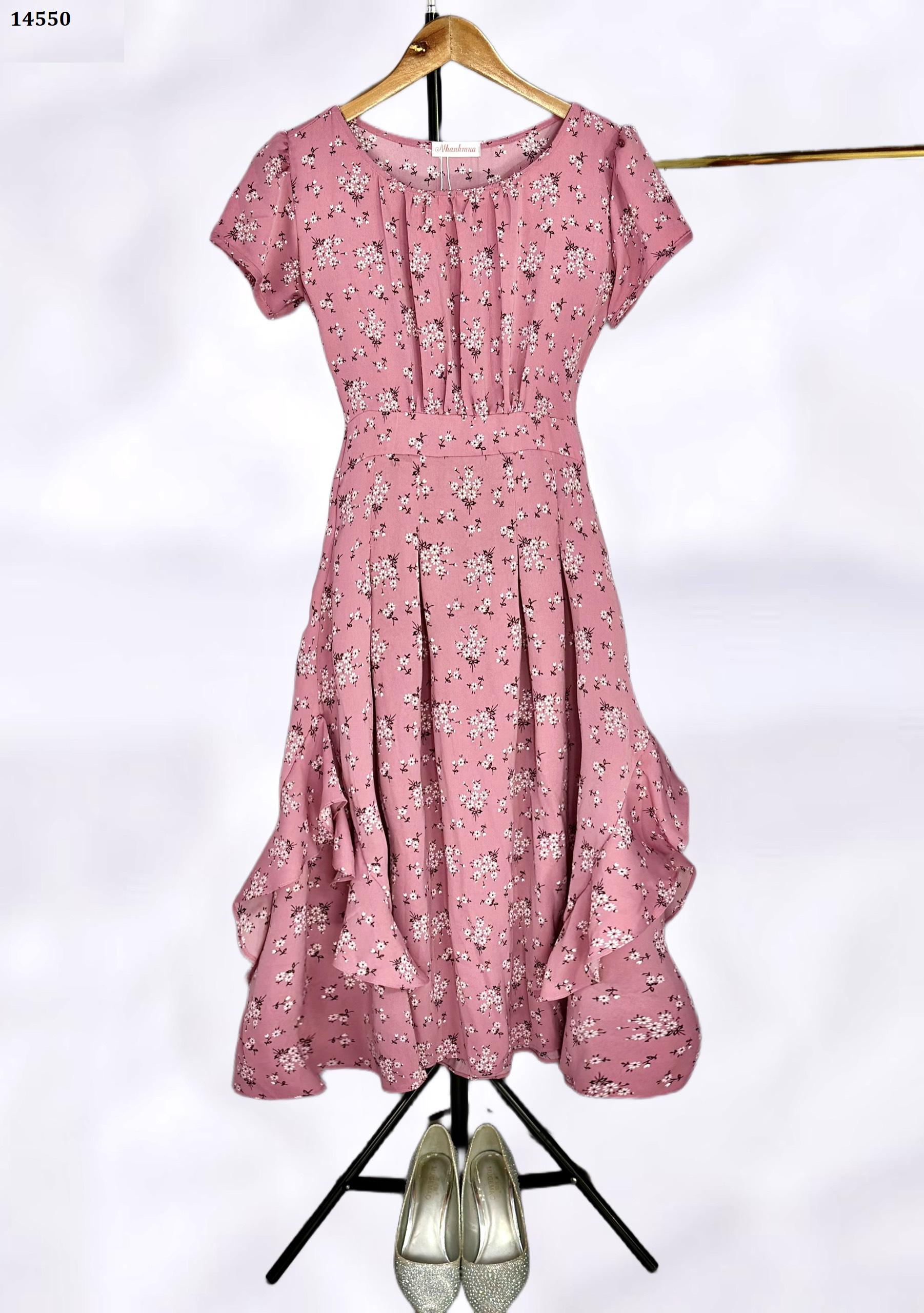 14550-Đầm xòe  hoa nhí màu hồng ruốc ( lụa mango)_thumbnail_4