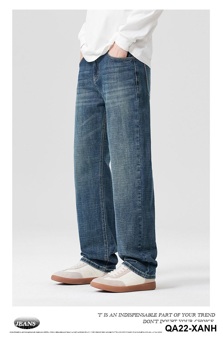 Quần jean thẳng ống rộng co giãn cho nam2025Phong cách mùa thu mới của Mỹ cổ điển râu mèo và quần tắm ngựa
