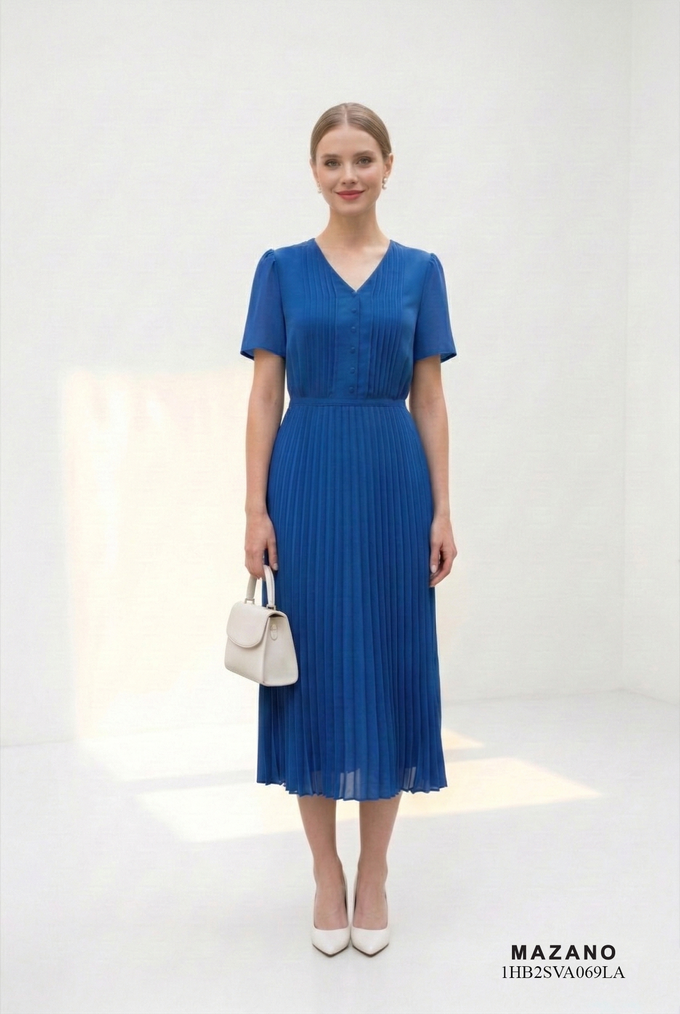 Đầm voan chiffon xanh dáng ôm chân dập ly cổ V tay ngắn thiết kế MAZANO_thumbnail_3