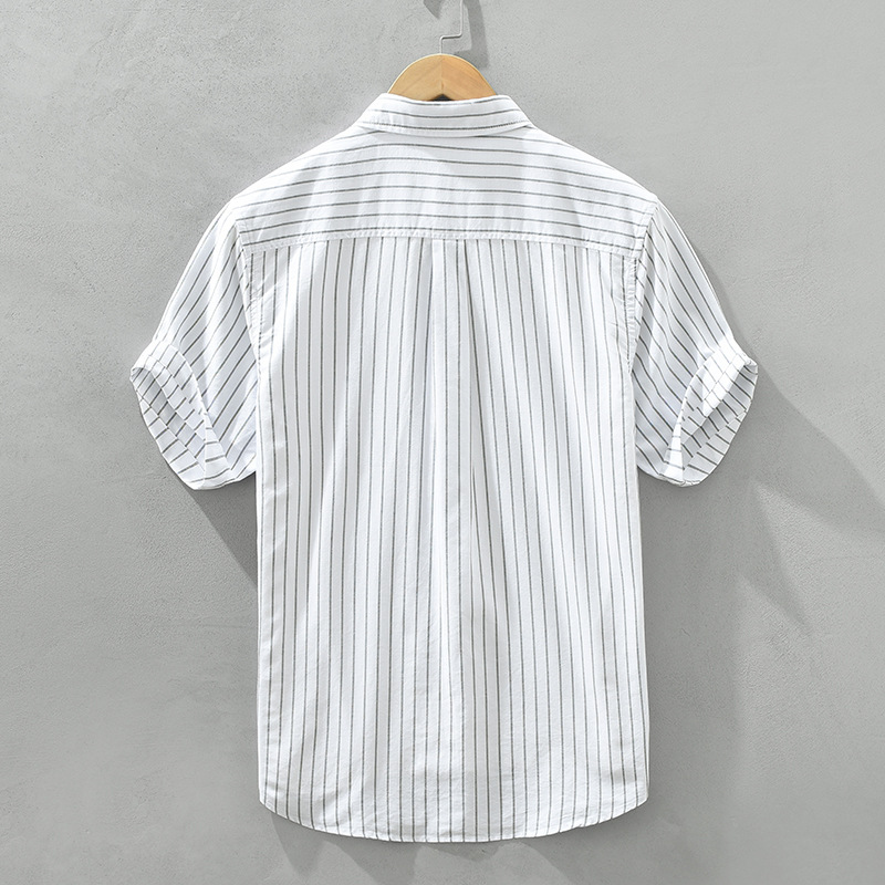 Áo Sơ Mi Nam Ngắn Tay Sọc Nhật Bản – Áo Sơ Mi Giản Dị Phong Cách Hồng Kông, Thêu Tươi Mát, Đa Năng, Thả Vận Chuyển