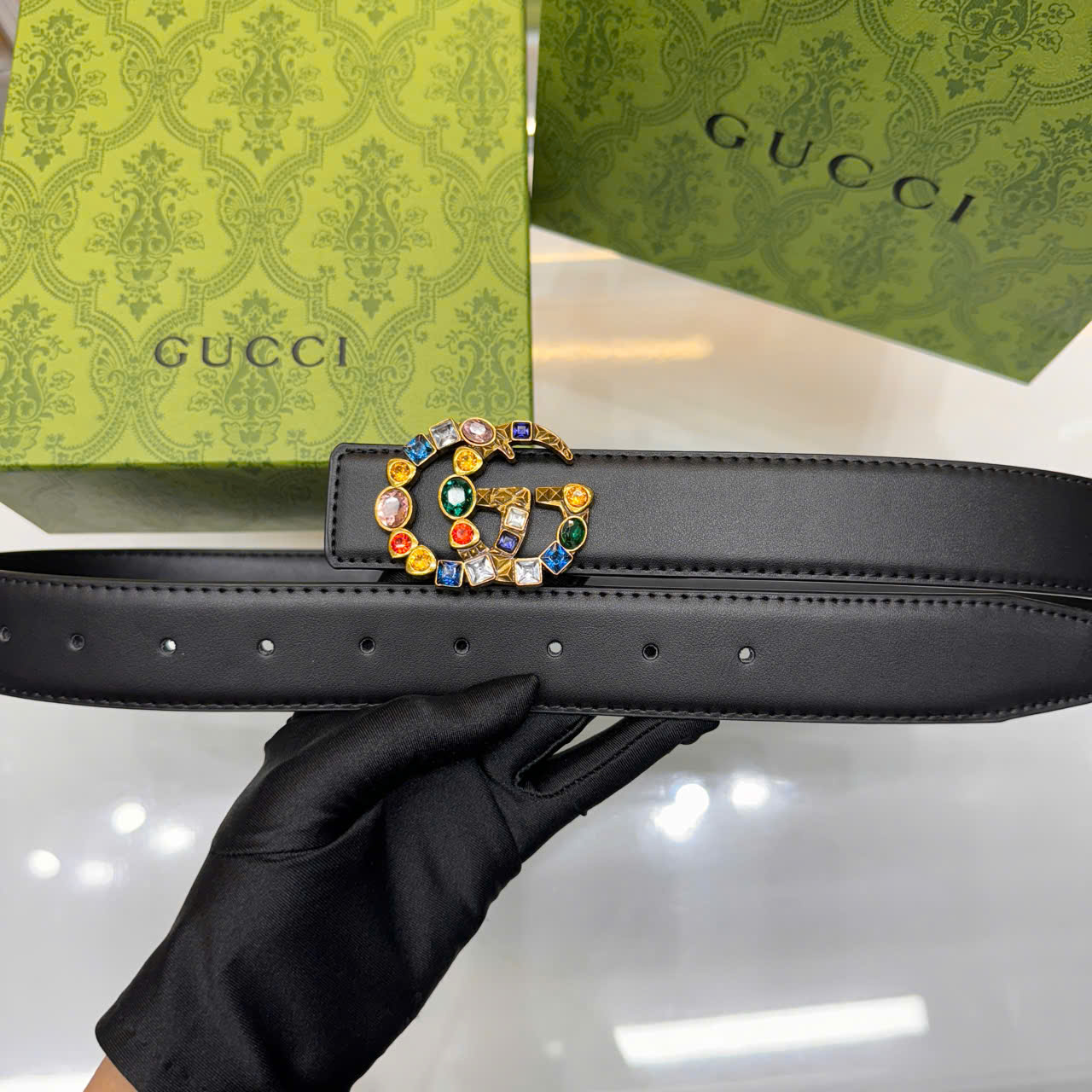 Thắt lưng Gucci Crystal GG Buckle Leather Belt đính đá_thumbnail_1
