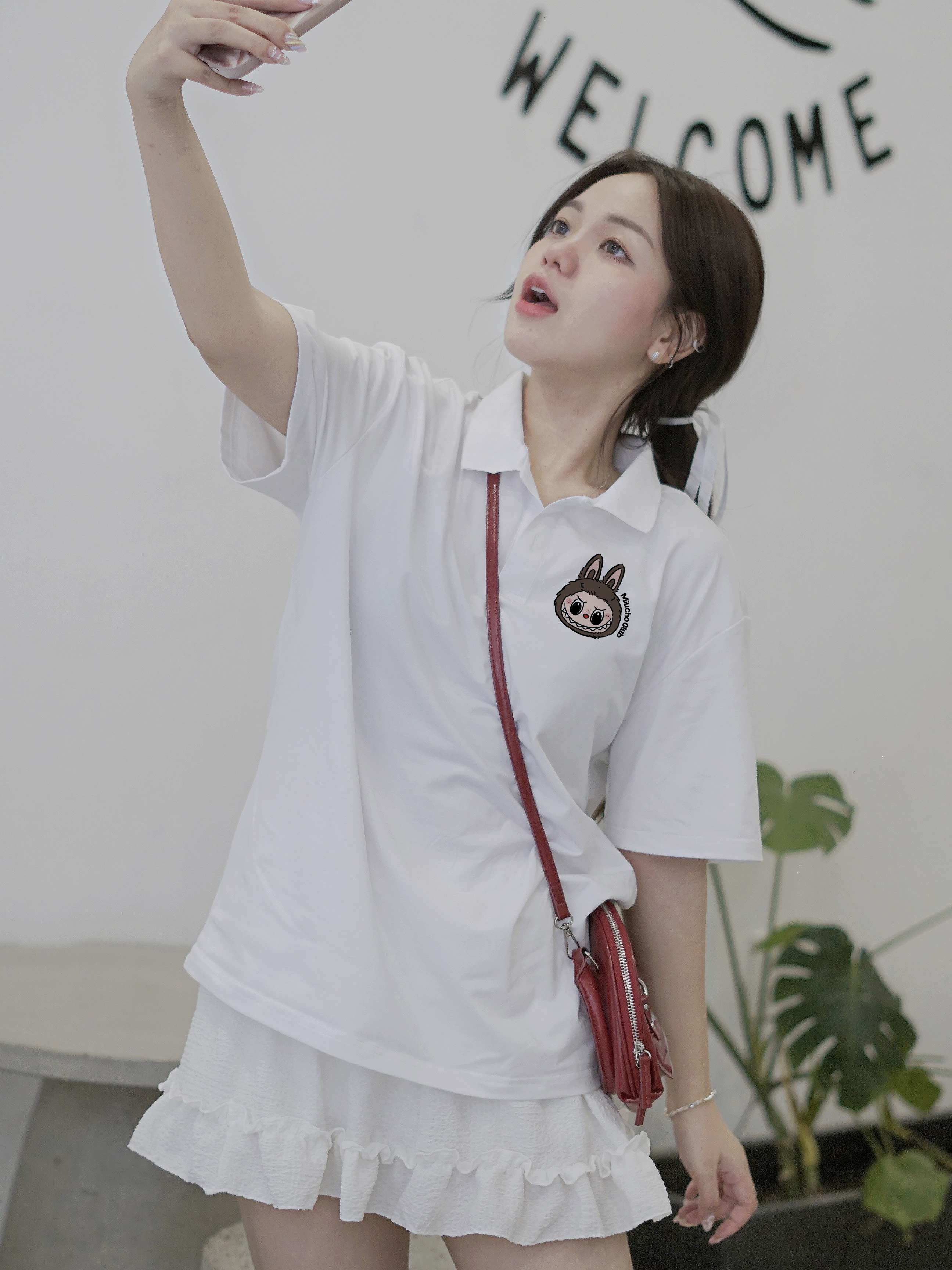 Áo polo labubu form rộng unisex PLD1399 Miucho tay ngắn vải cotton co giản cổ trụ in basic_thumbnail_5