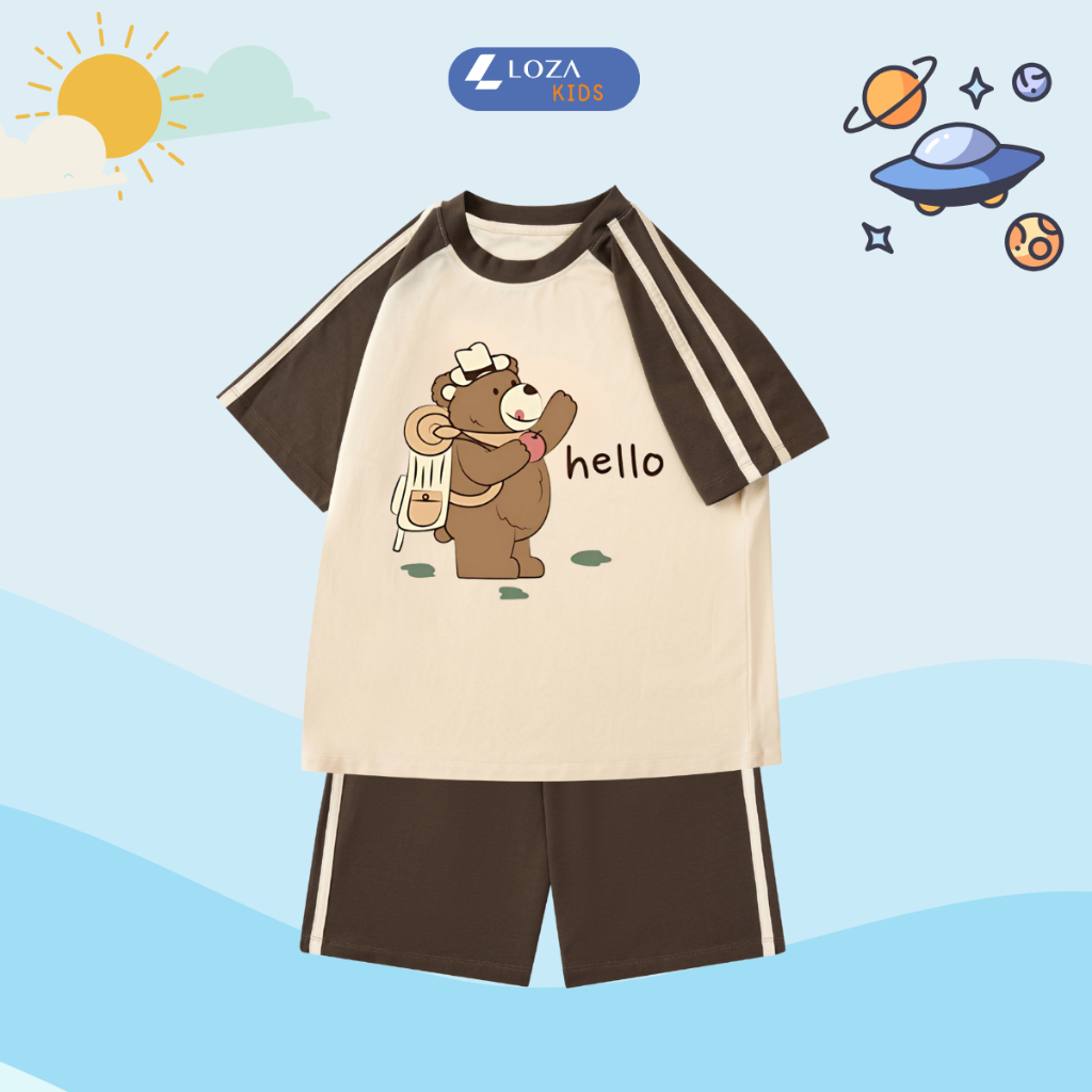 Đồ bộ cho bé màu be phối nâu nhiều hình - Loza Kids BF001