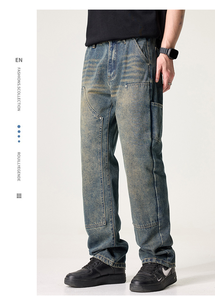 Quần Jean Nam Đường Phố Mỹ Cao Cấp – Retro Giặt Đau Khổ, Rách Hai Đầu Gối, Dáng Thẳng Màu Vàng Bùn_thumbnail_3