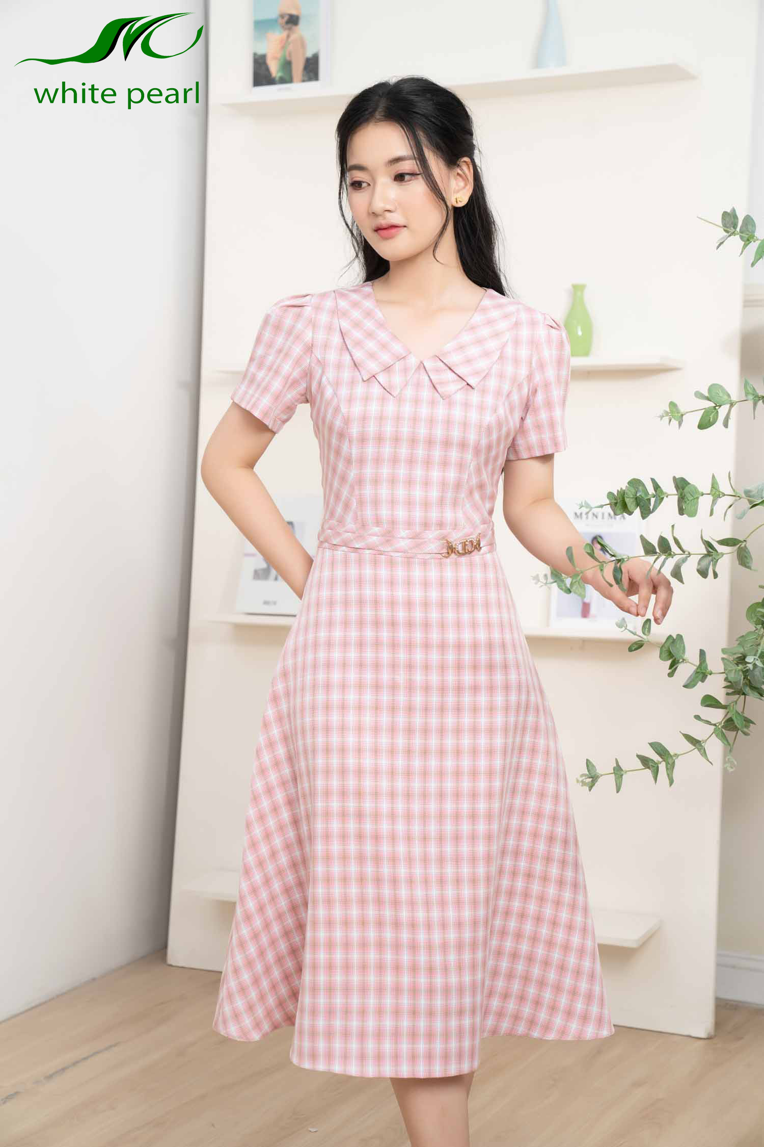Đầm sen vuông 2 lá kẻ thời trang công sở cao cấp White Pearl_thumbnail_5
