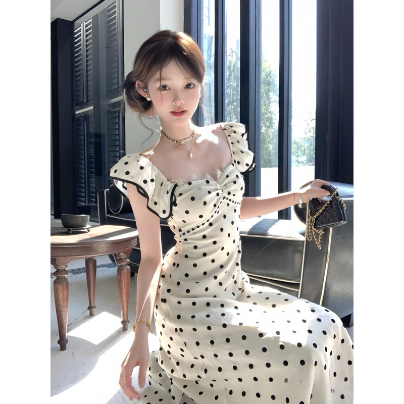 Váy chấm bi dáng dài tay bèo, đầm lụa dài trễ vai hoạ tiết chấm bi phong cách nữa tính Loga store - 172_thumbnail_1