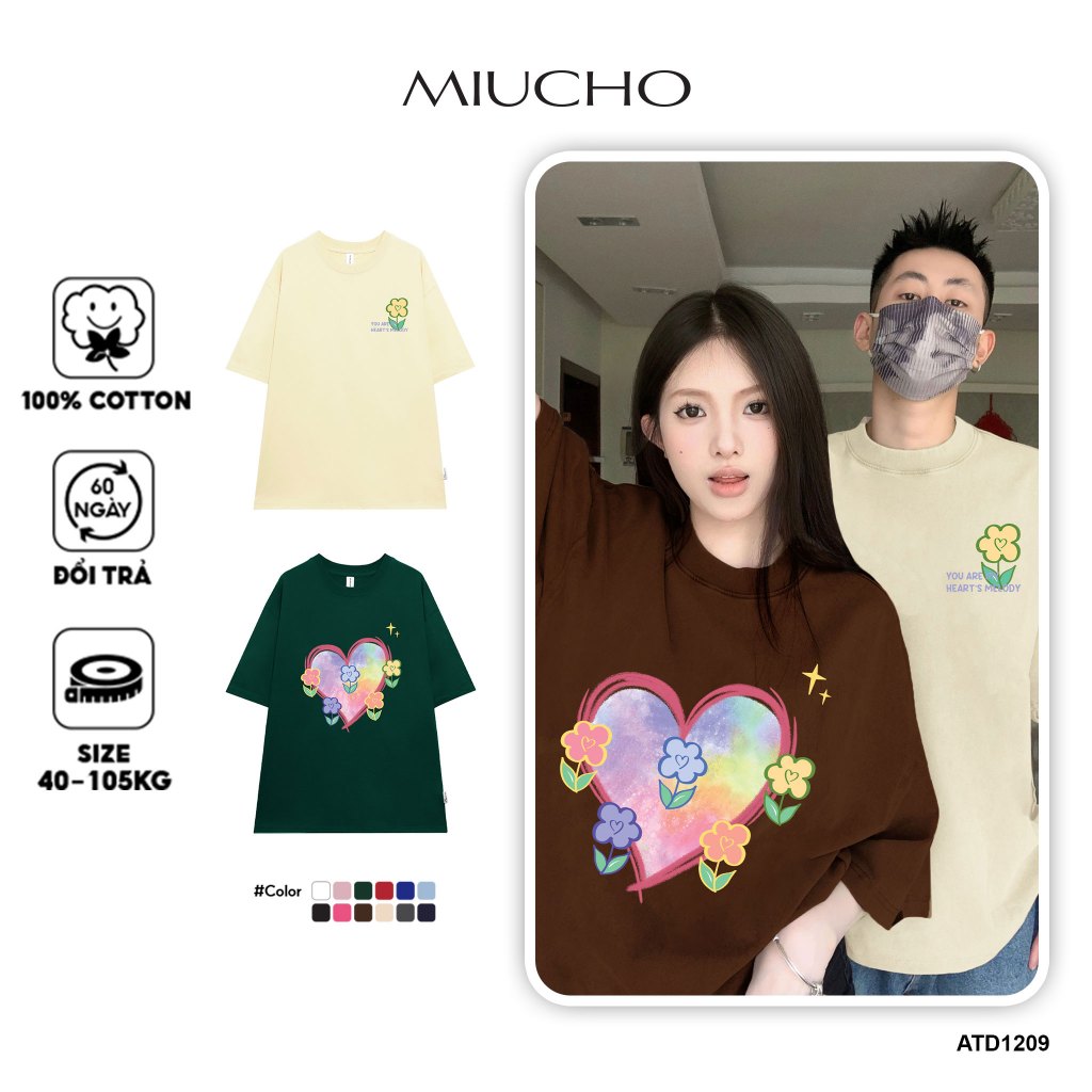 Áo thun cặp đôi hình trái tim form rộng tay lỡ màu xinh ATD1208 Miucho vải cotton thoáng mát cổ tròn in mix_thumbnail_8
