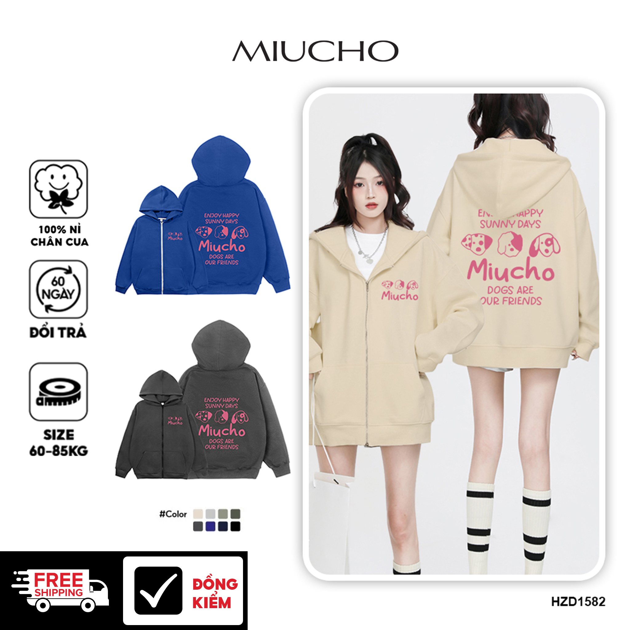 Áo hoodie zip local brand HZD1582 Miucho vải nỉ chân cua dày dặn mủ rộng in mix