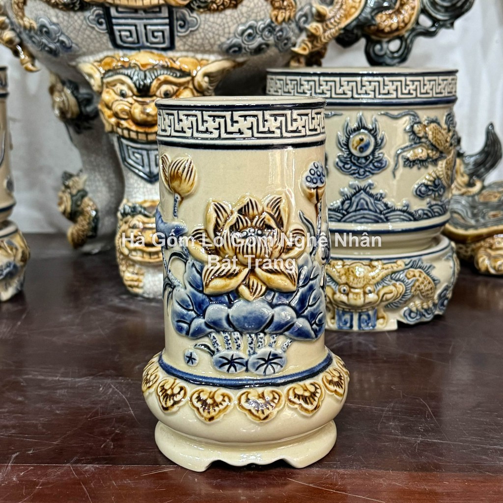 Đồ Thờ Cúng Lọ Đựng Hương Men Hoàng Thổ - Ống Cắm Hương Rồng, Sen Thờ Cúng Bát Tràng - Nghệ nhân_thumbnail_1