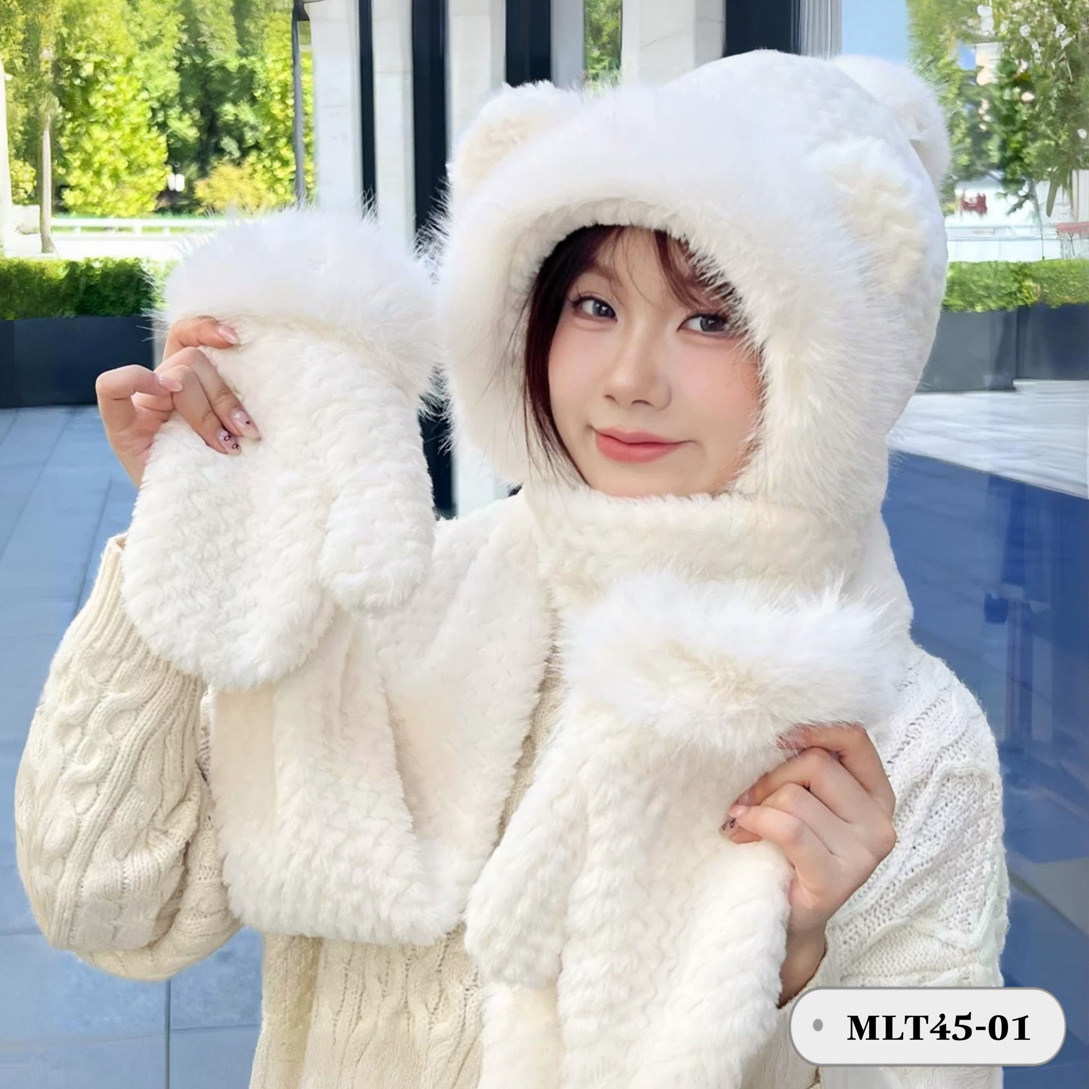 COMBO MŨ KHĂN LÔNG KÈM GĂNG TAY (MLT45-01 Trắng)