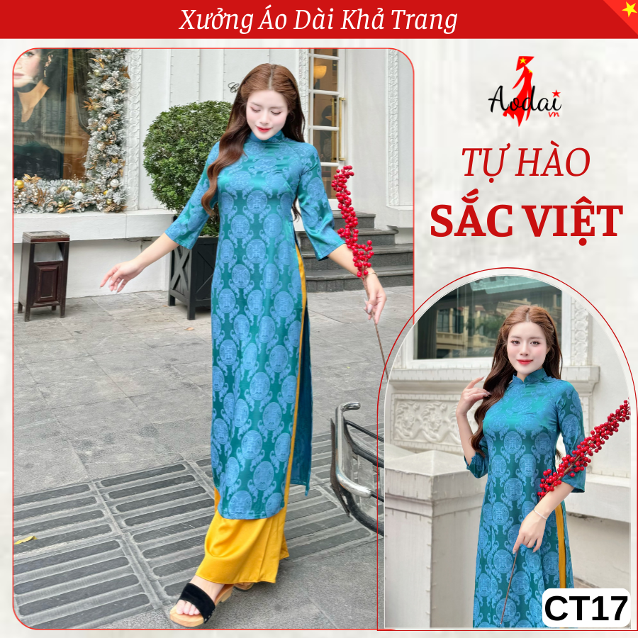 Bộ Áo dài Gấm CT17 Dáng Suông màu Xanh Cổ Vịt Cổ Cao 2cm tay Lỡ